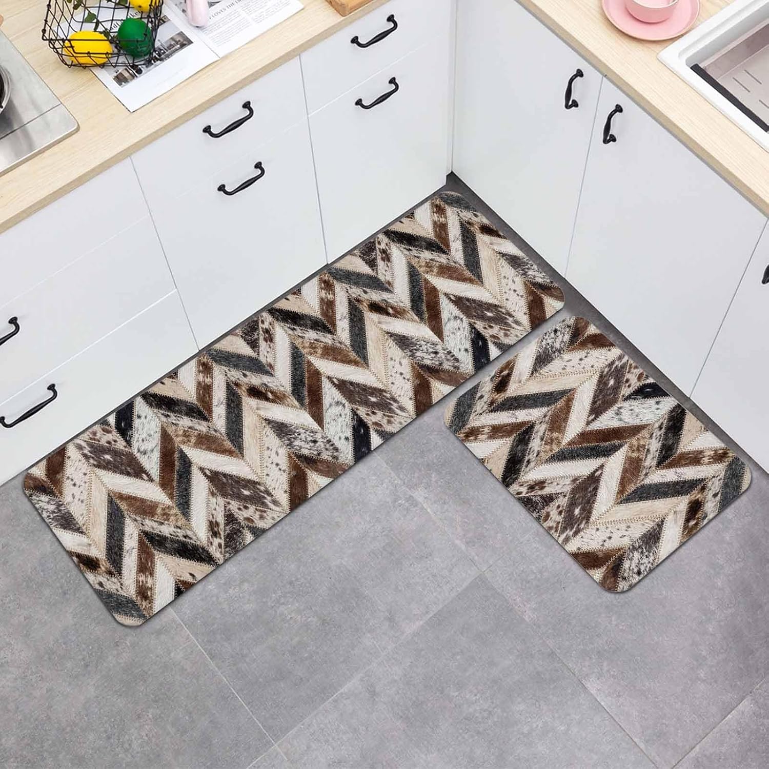 Herringbone Hide Kitchen Mat Set 2 Pieces Western Farm Abstract Grey Black Brown Animal Fur Style Non Slip Kitchen Rugs Washable Runner Mats for Floor Sink Laundry Office 23.6" x 35.4"+23.6" x 70.9"