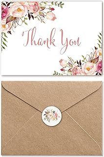 Pink Floral Thank You Cards with Envelopes, 4 x 6 Boho Flower Thank You Notes - Chic Greeting Cards 25 Bulk Pack, Blank Inside, Meet Wedding, Bridal Shower, Girl Baby Shower More Occasion