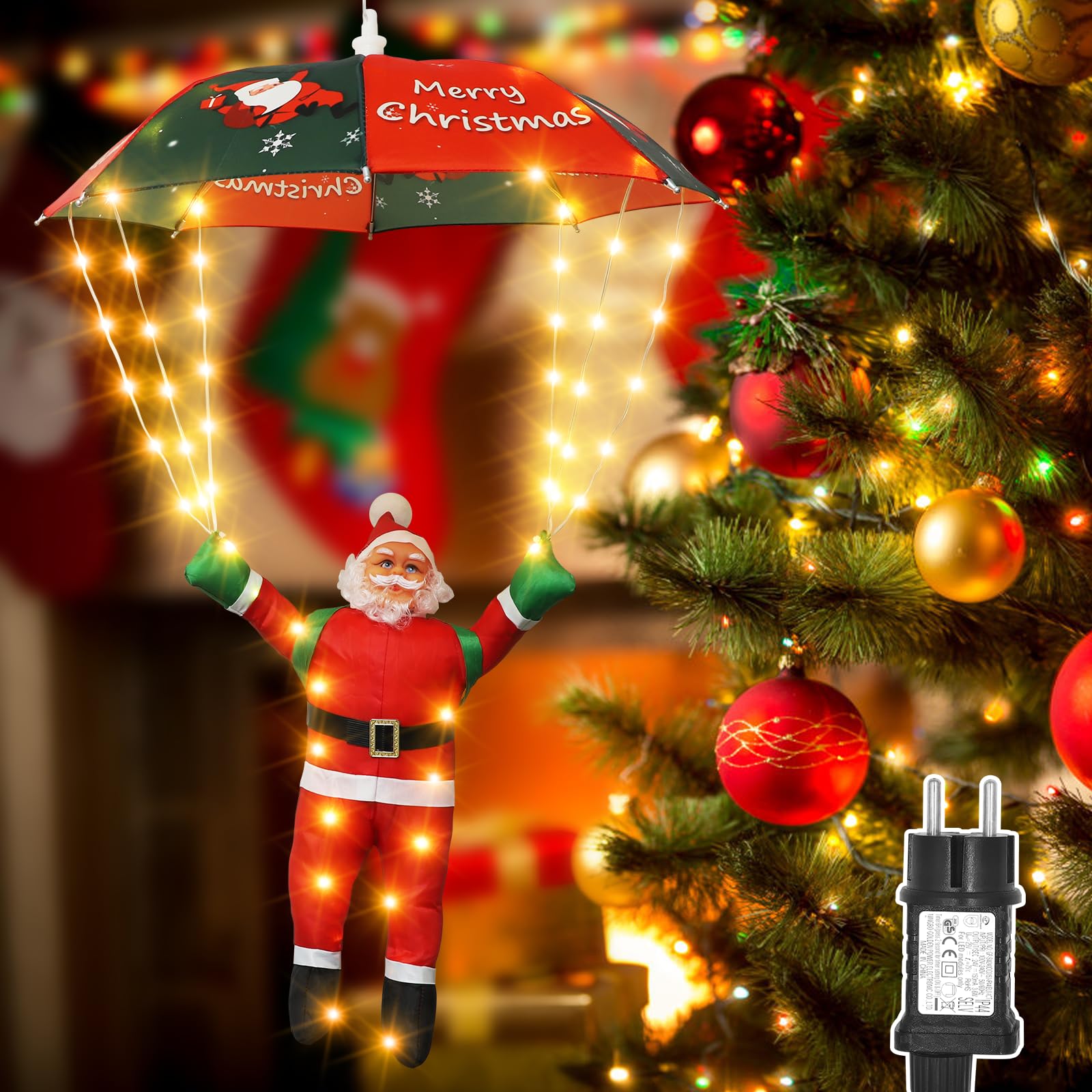 Luci a forma di paracadute di Babbo Natale, 8 modalità di luci natalizie con timer, funzione di memoria, luci a LED sospese per decorazioni natalizie per interni ed esterni (bianco caldo)