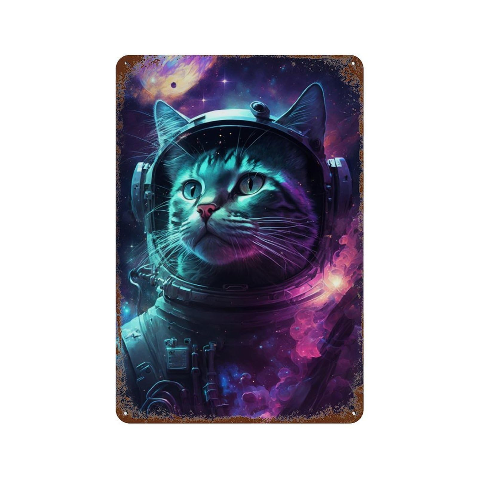 Cosmic Cat Astronaut Art Print-5 Weathered Tin Sign 11.8"x7.9", Decorative Metal Wall Art for Garage, Bar And Workshop Decor