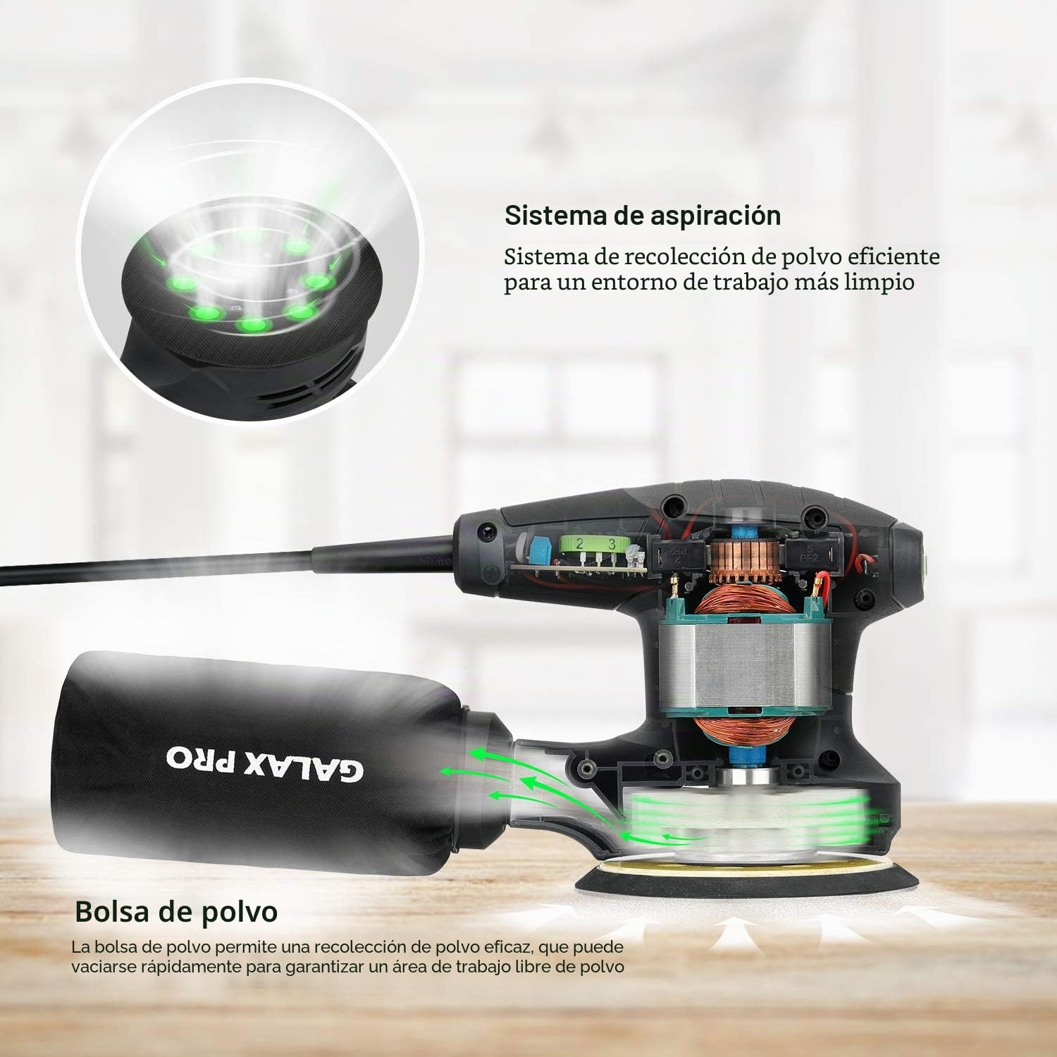 GALAX PRO Lijadora Orbital, 280W 6000-13000 RPM 6 Velocidades Variables Lijadora Rotorbital, 15 Hojas de 125 mm Discos Abrasivos, Polvo Sistema de Recogida, ideal para bricolaje