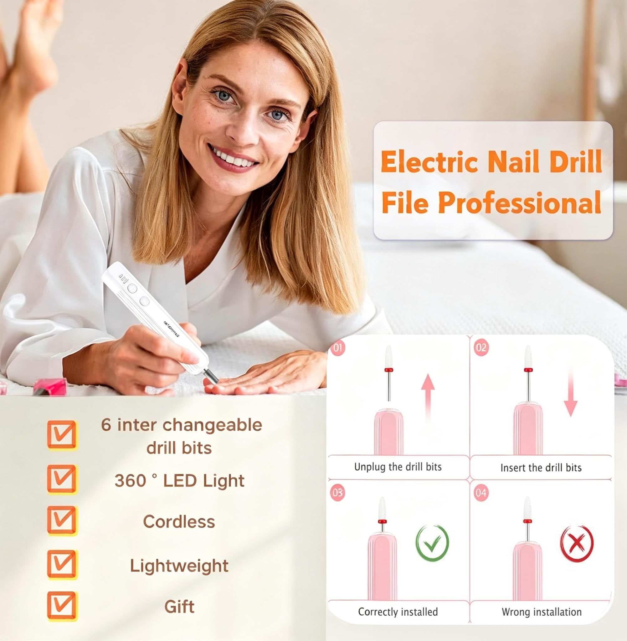 Fresa per Unghie Professionale Manicure Elettrico e Pedicure Set Lima Unghie Elettrica Trapano Chiodo per Casa e Salone con Set Strumenti di Lucidatura,Bianco