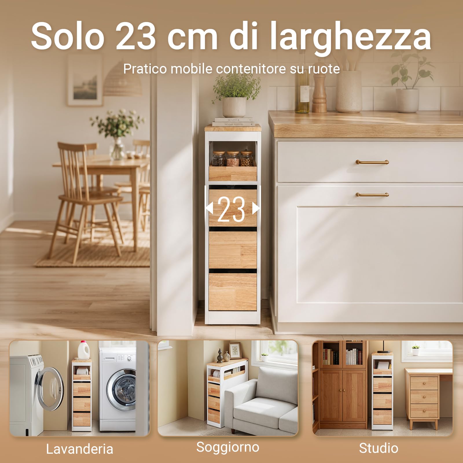SoBuy Carrello Cucina Mobiletto Salvaspazio con Ruote 65x23x82cm | con Piano di Lavoro, Cassetto E Ripiani Aperti, Carrello Portaoggetti per Cucina, Bianco e Legno, BZR54-III-WN