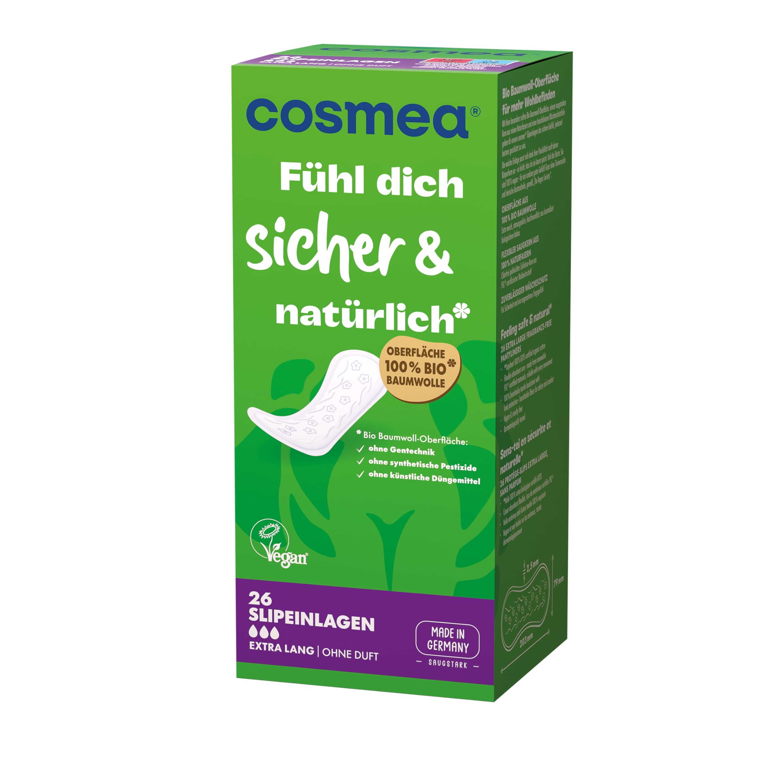 cosmea Slipeinlagen Extra Lang mit Bio Baumwoll-Oberfläche, Vorteilspack 8 x 26 Stück Hygiene-Einlagen, made in Germany