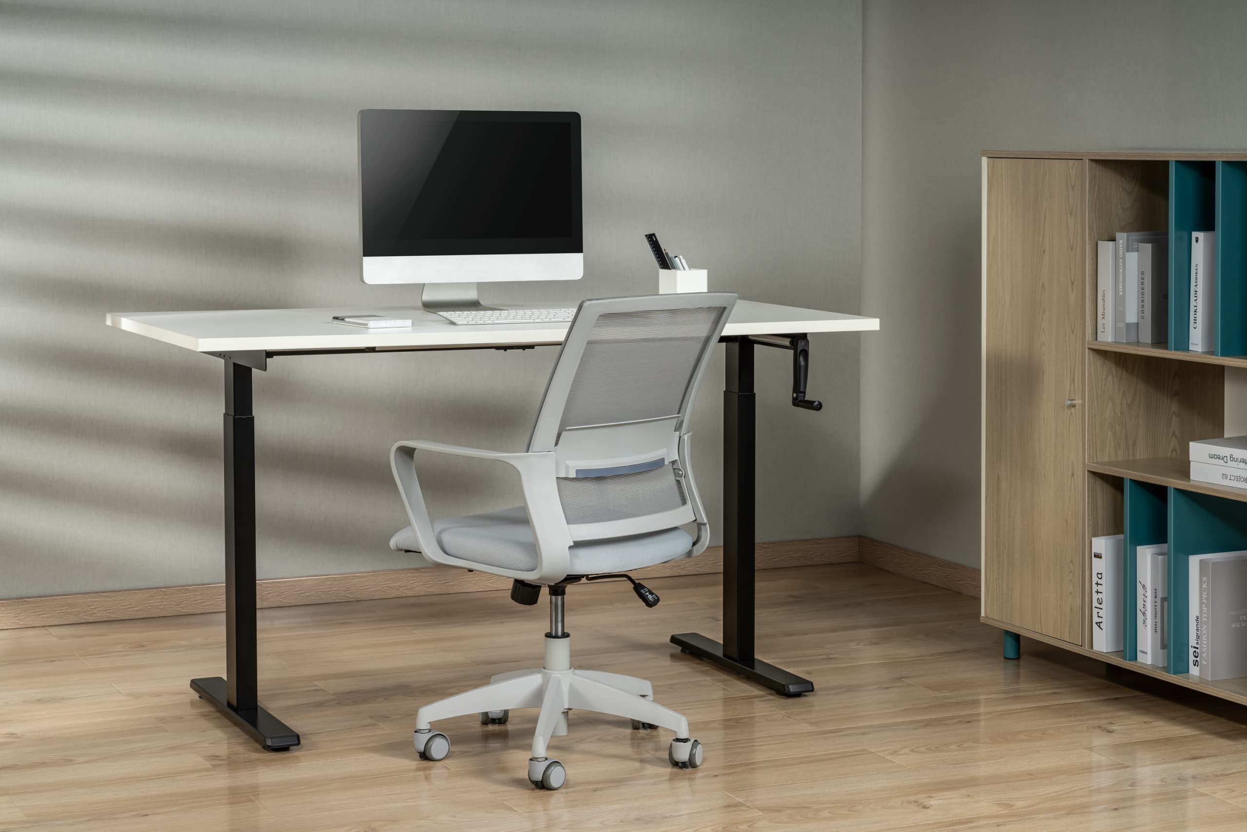 Manual Sit Stand Desk 1200x600mm | Retractable Crank Handle | Load Capacity 60Kgs - Black Frame & Mahogany TT