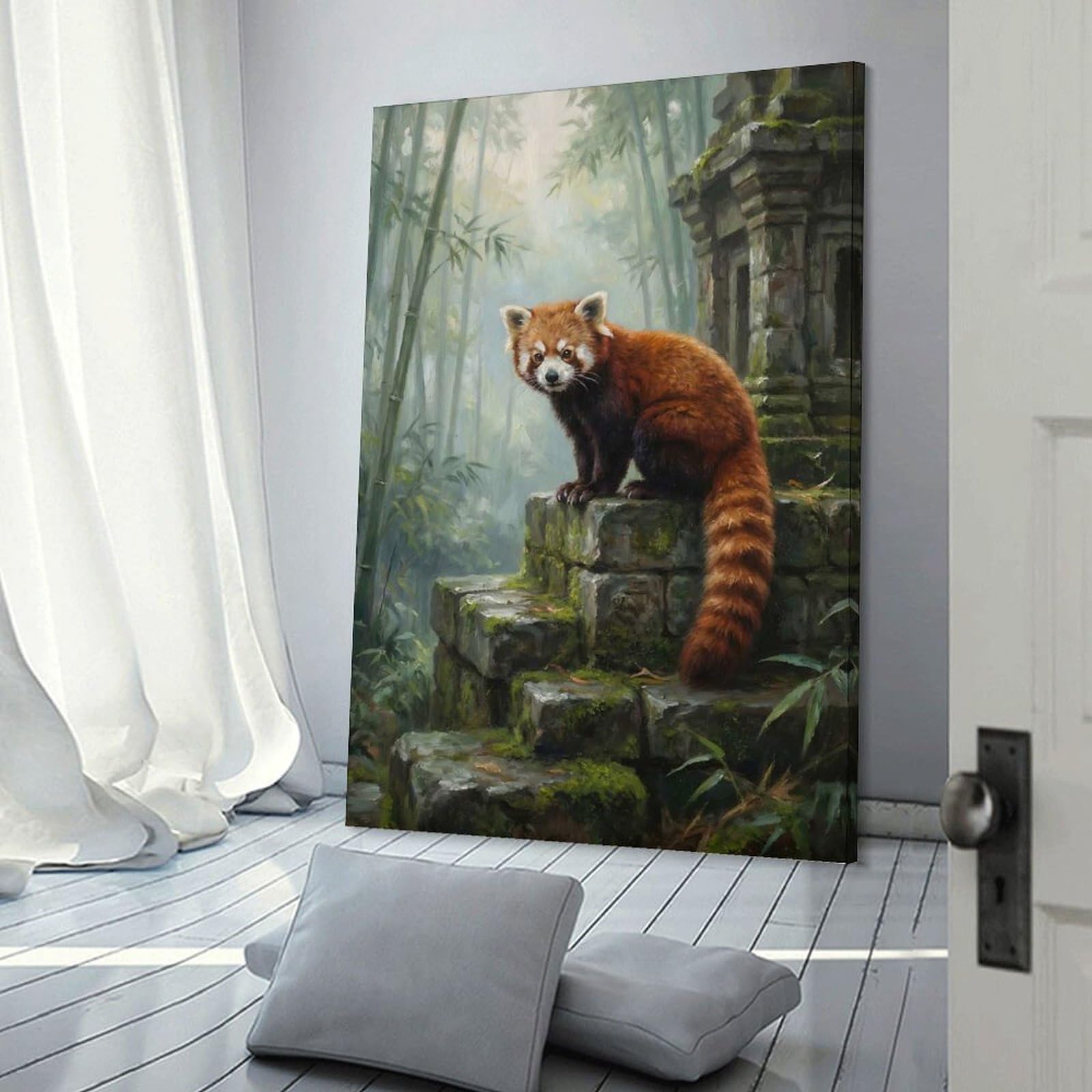 Junmoney Hanging Wall Art Red Panda on Ancient Stone Structure, 20x30inch(50x75cm), for Work Areas, Reading Rooms Or Studios, Wall Art That Adds Style to Work Areas