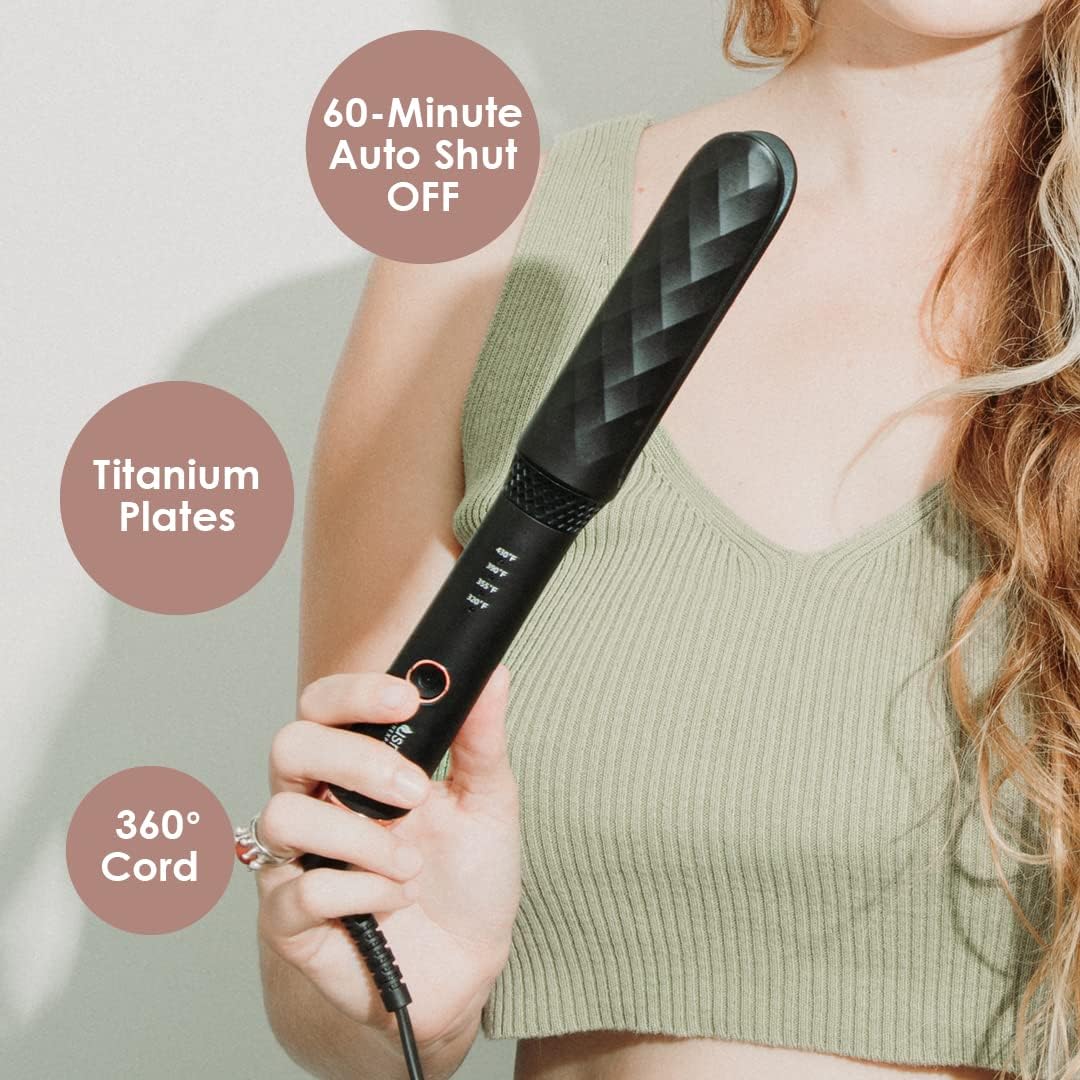 Usmooth Infinite Styling Iron in hand with feature callouts