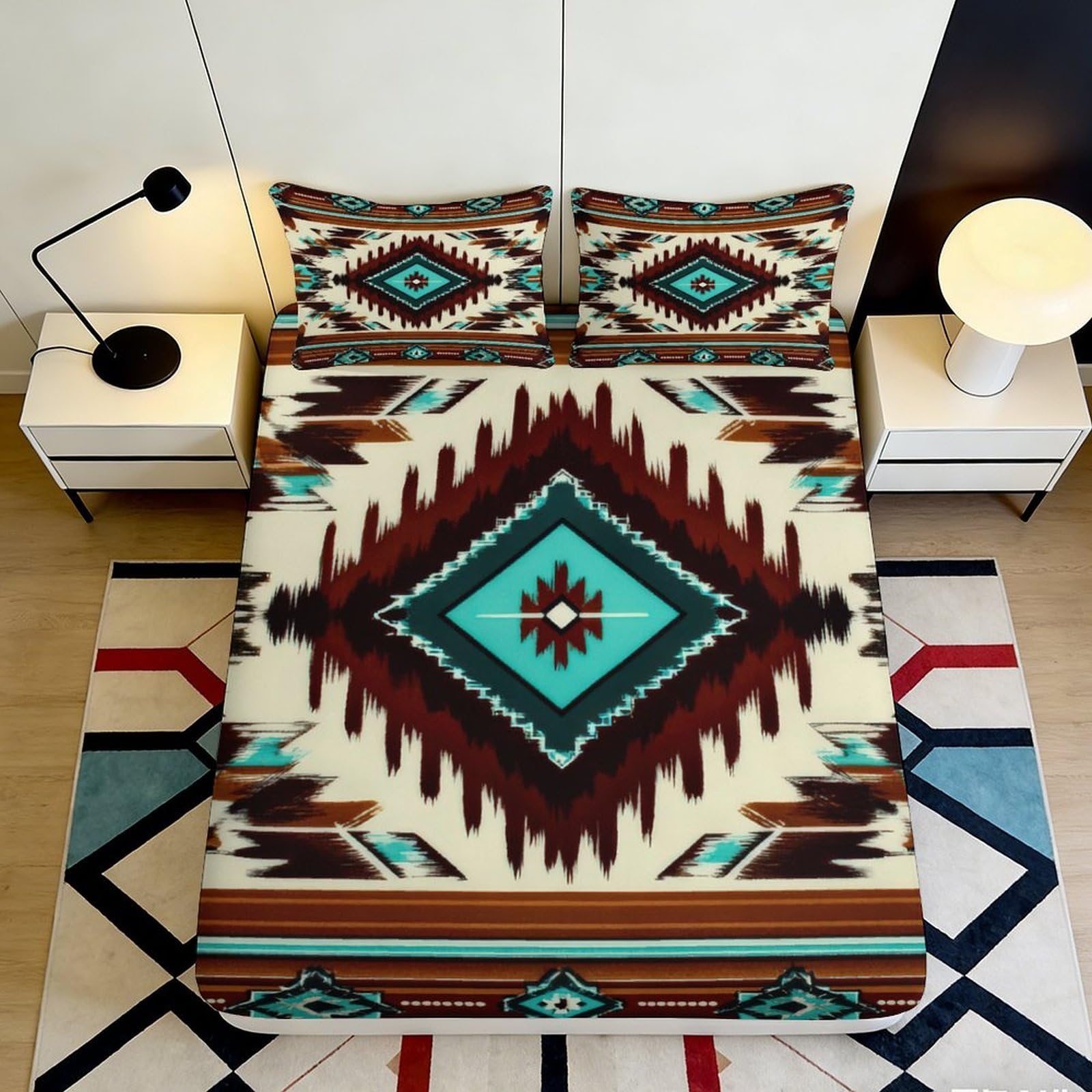 3D Printed Aztec Geometric Fitted Sheet Microfiber Soft Breathable Navajo Diamond Mattress Cover for Bedroom Dorm Decor 90x200x25cm