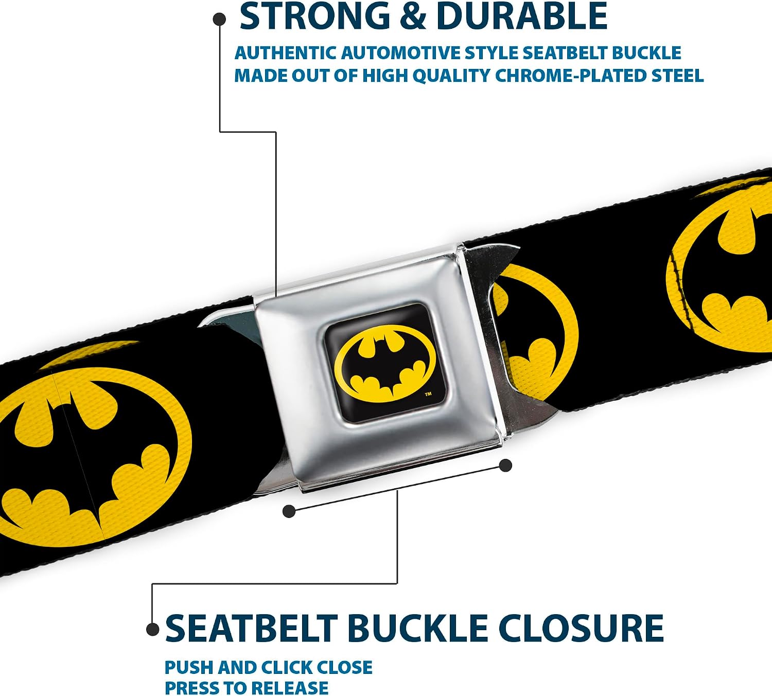 DC Comics Belt, Seatbelt Buckle Belt, Batman 1989 Logo Yellow, Adjustable