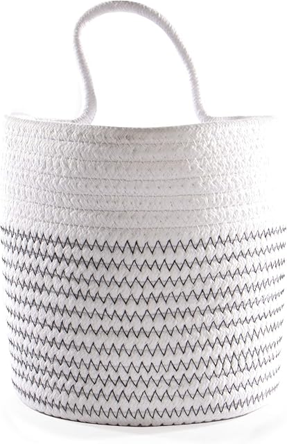 Hanging Cotton Rope Basket in White & Black Thread | Storage Basket | Cotton Rope Wicker & Woven Rattan Design | For Blankets & Towels | With Handle | M&W