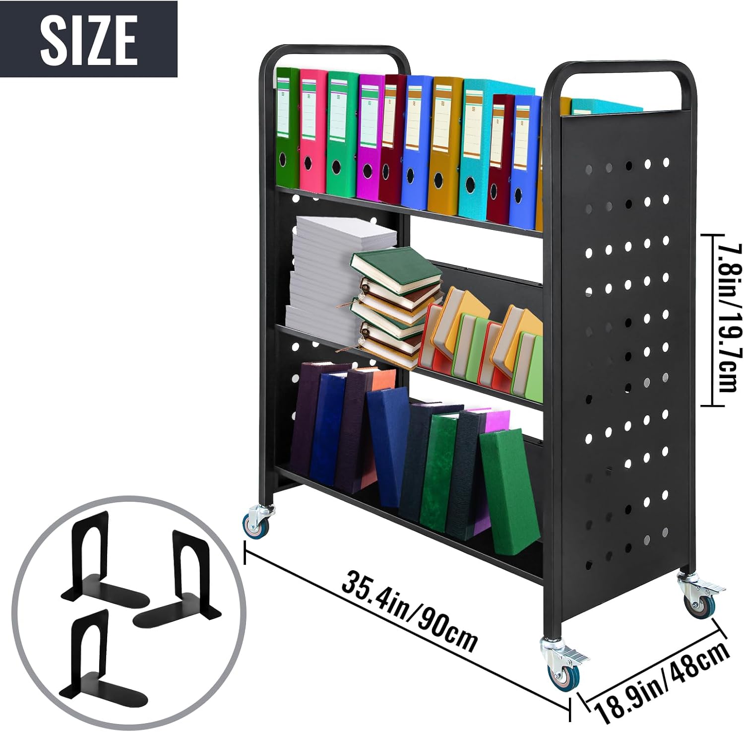 Book Cart, 6-Shelf Library Cart, Double Sided W-Shaped Sloped Shelves, Rolling Library Book Cart with 2 Lockable Wheels for Home Shelves Office School Book Truck