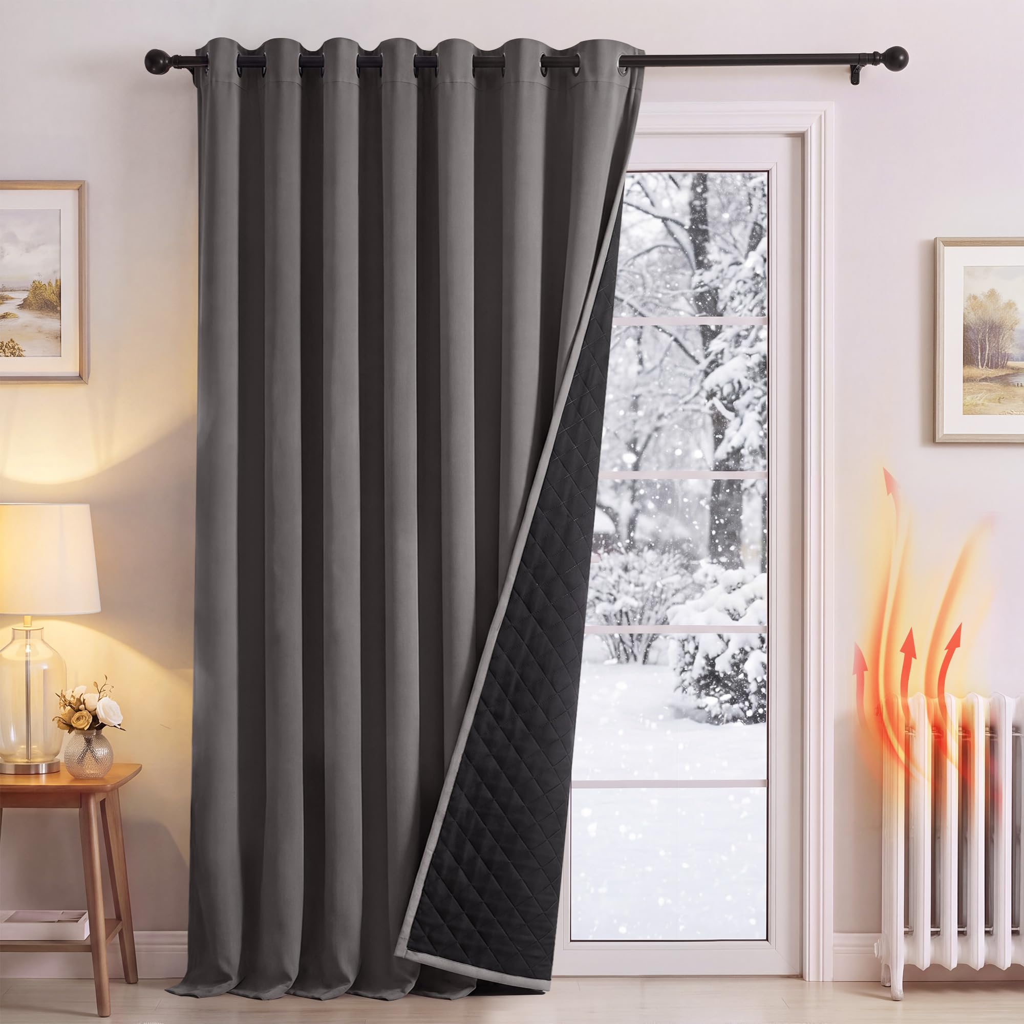 PONY DANCE Thermal Door Curtain with Quilted Black Lining, Grey, 100x96