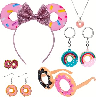 PHOGARY 7PCS Donut Costume Accessories Set, Donut Dress Up Supplies with Donut Headband Donut Earrings Glasses Necklace Donut Keychains Brooch for Women Donut Birthday Party Halloween Cosplay