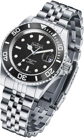 Davosa 161.555.05 Mens Wristwatch, Automatic Mechanical, Date, Waterproof up to 668.4 ft 200 m, Ternos Ceramic, Swiss Made, Black, Bracelet Type