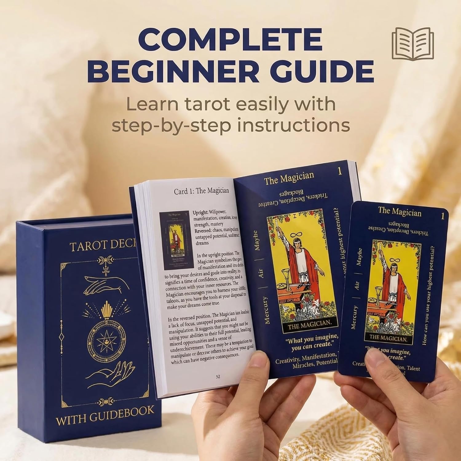 Tarot Cards for Beginners, Unique 400GSM Thick,Learning Tarot Deck,with Guide Book,Tarot Cards with Meanings on Them(Blue)