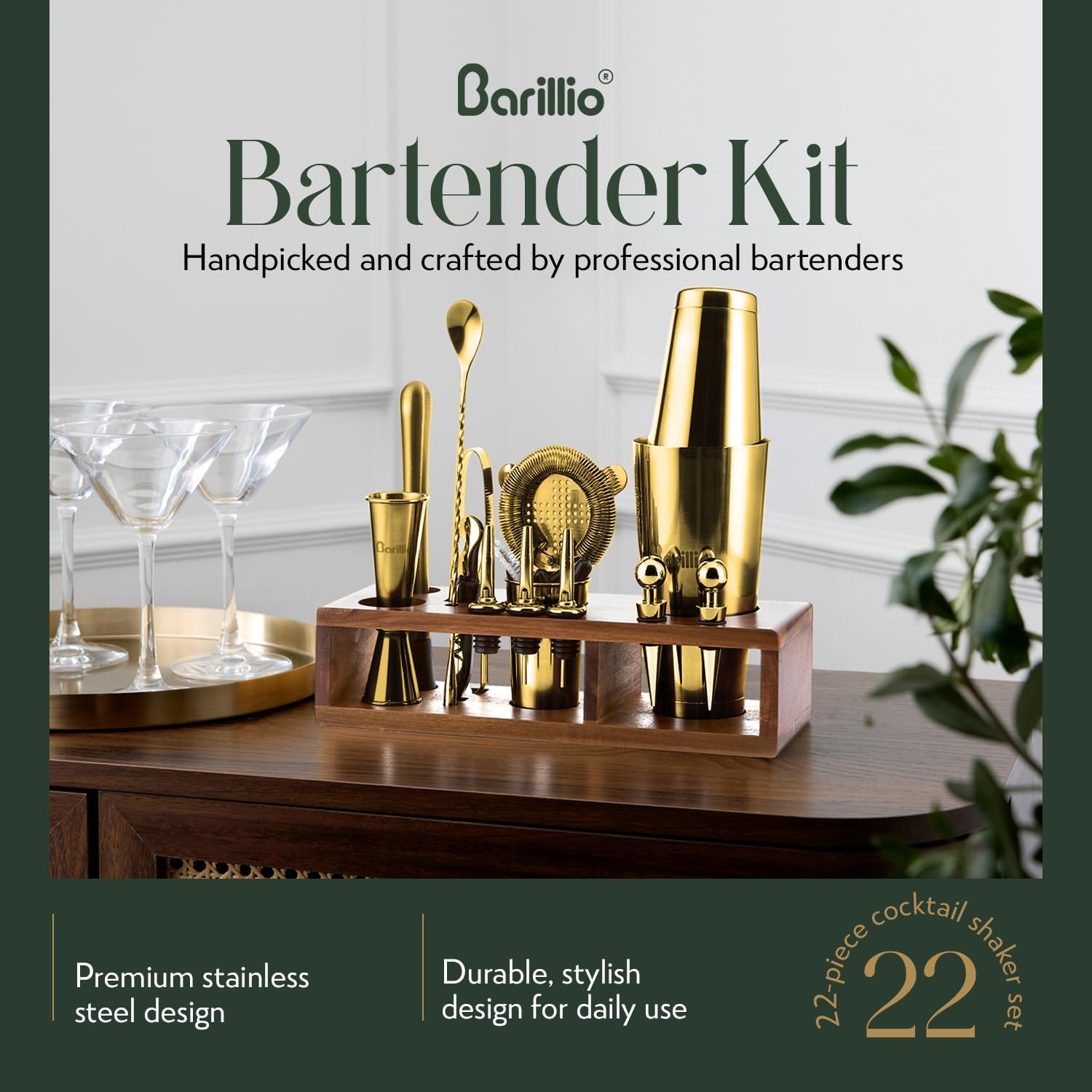 Barillio Gold Bartender Kit – 23-Piece Stainless-Steel Cocktail Shaker Set with Premium Acacia Stand | Martini Barware Mixing Tools for Home Bartending | Gift Set image 2