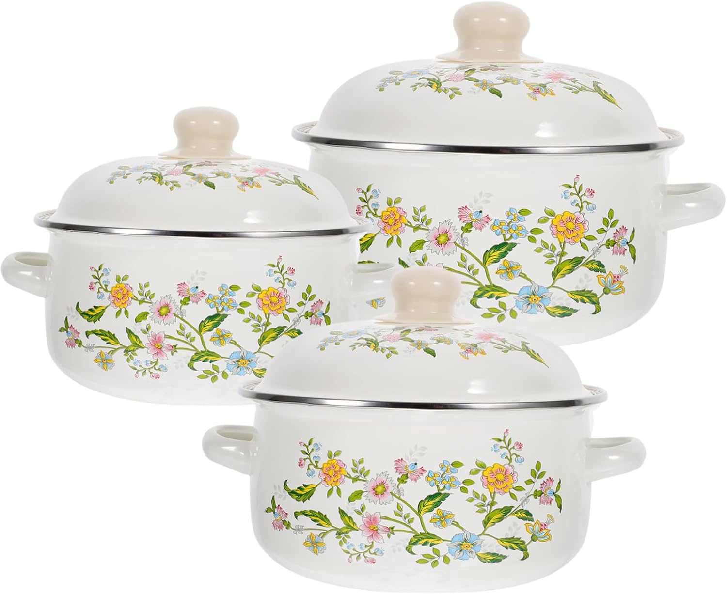 3Pcs Enamel Cooking Pot Set Flat Bottom Saucepan with Double Handles for Soup Noodles and Sauces Lightweight Non Stick Cookware for Quick Meals