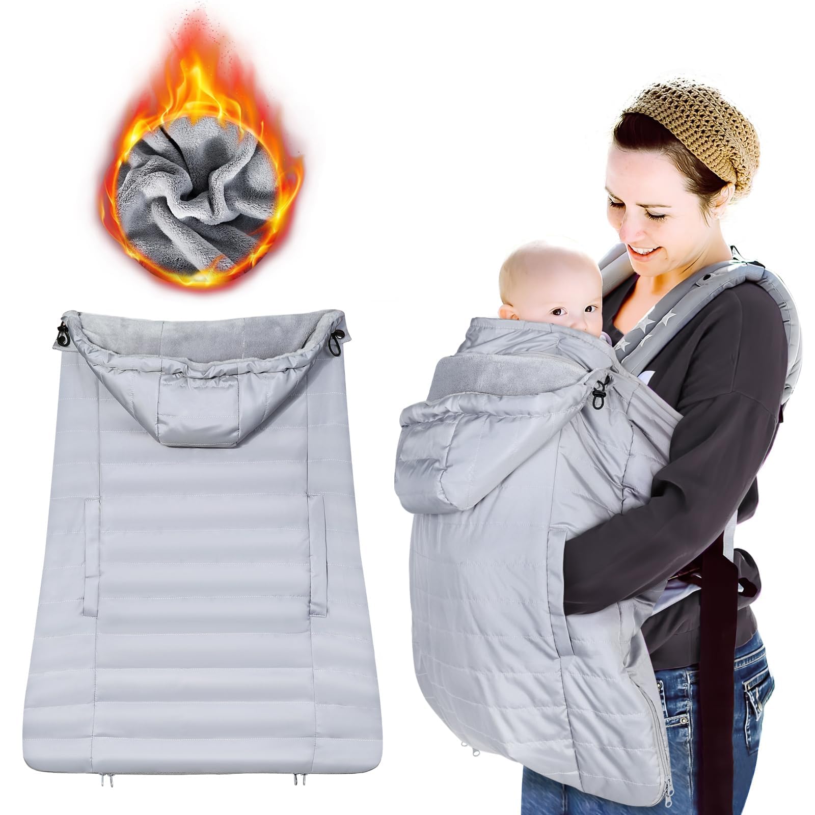 Orzbow Cover Marsupio Neonato Invernale, Universale Copri Marsupio Neonato Impermeabile, Parte Superiore Staccabile, Caldo Vello Corallo, Leggero, Lavabile in Lavatrice, Grigio Chiaro