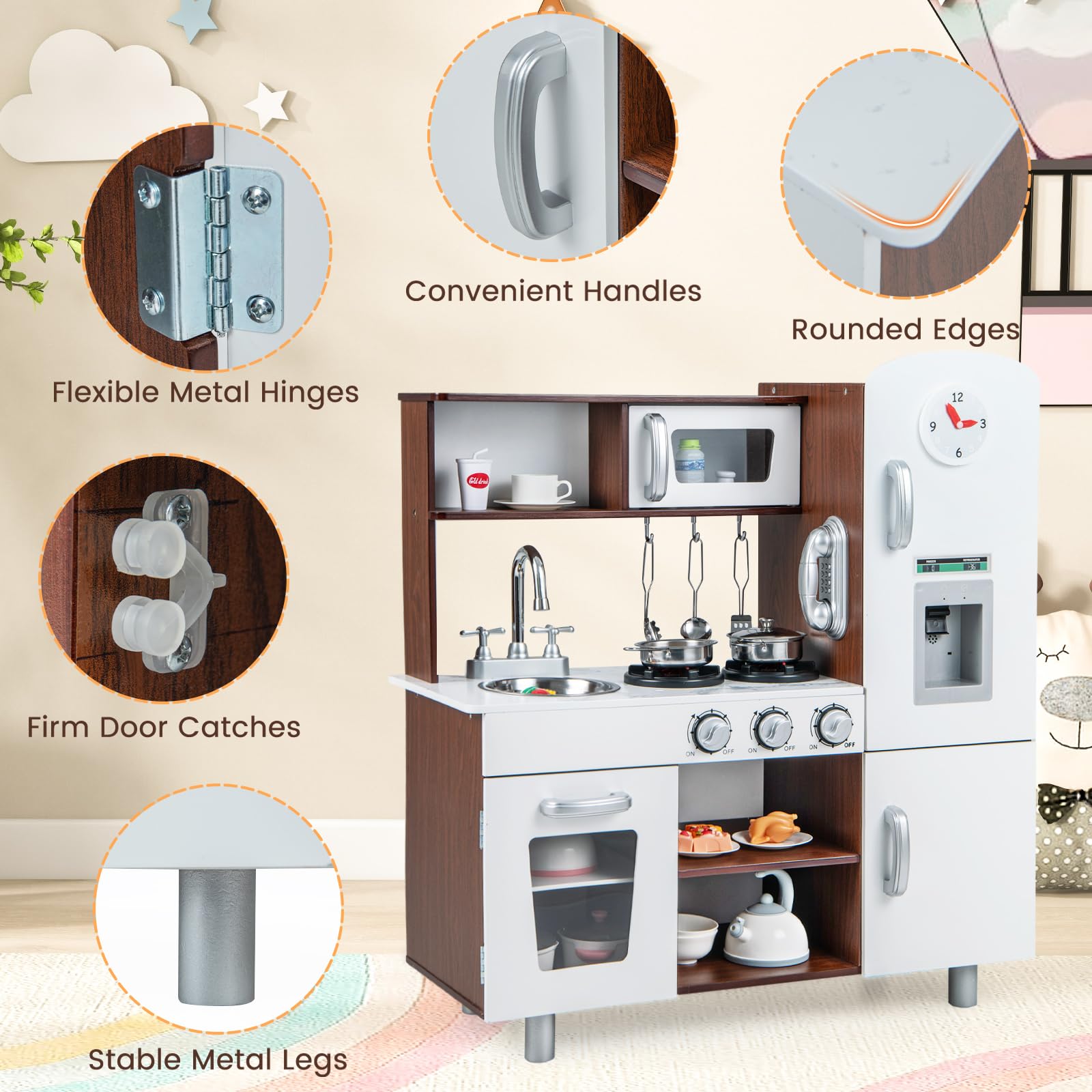HOMASIS Cucina Giocattolo in Legno, Cucina per Bambini con Suoni e Luci, Cucinetta con Microonde, Forno, Distributore di Acqua, Frigorifero, Set da Cucina per Bambini dai 3 Anni in su, Bianco