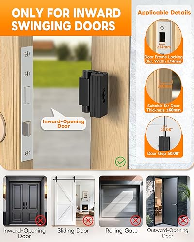 Miniatura 7 de Cerradura de puerta portátil para viajes, cerradura de refuerzo de puerta ajustable sin perforación, tapón de pestillo adicional para habitación de