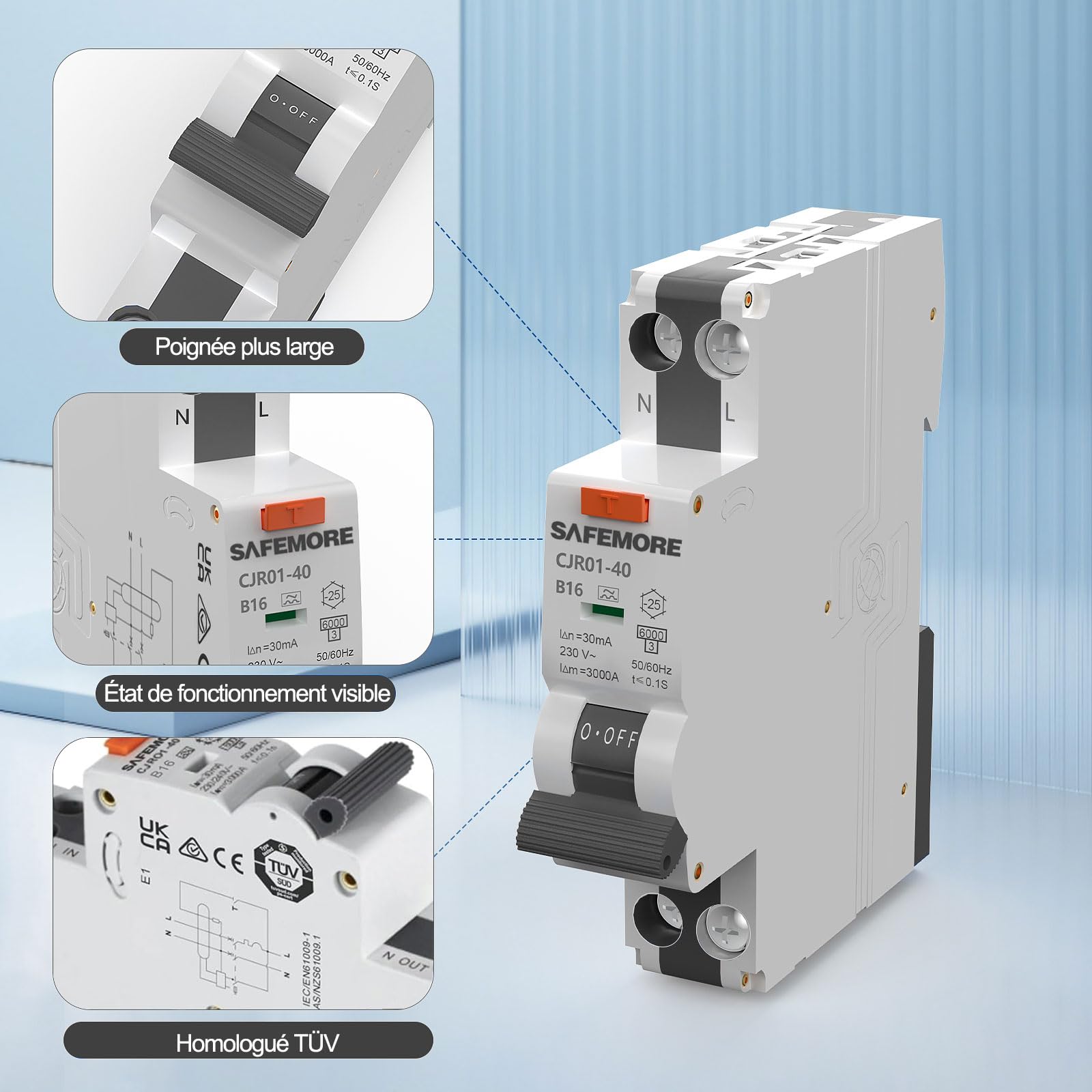 Disjoncteur Différentiel RCBO 16A 30mA Type A 1P+N, SAFEMORE Interrupteur différentiel Courbe B - Haute Sensibilité - Rail DIN, Homologué TÜV