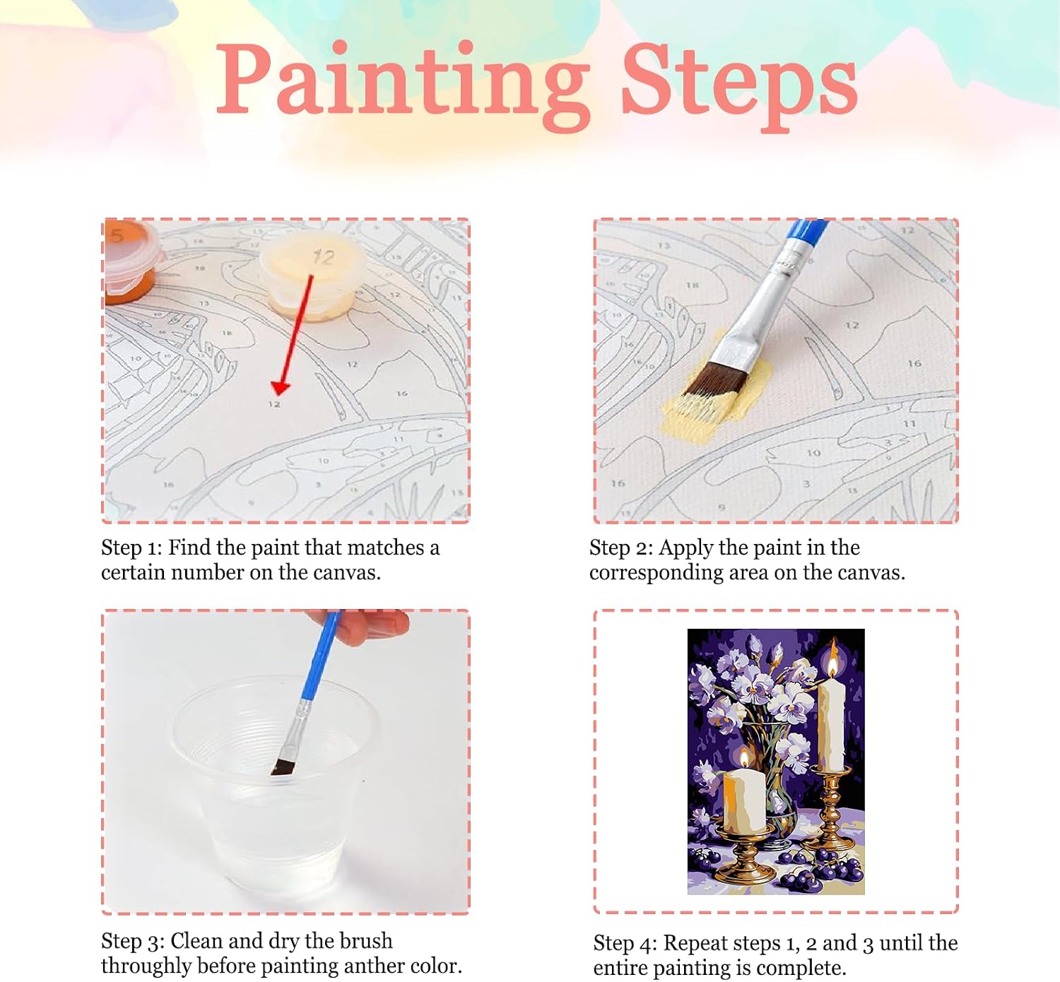 Auremi Purple Flower Framed Paint by Number for Adults,DIY Candle Painting by Number Kits on Canvas Acrylic Oil Painting Kits for Adults Paint by Number Kits for Home Decor 20x30cm image 4