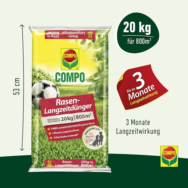 COMPO Rasendünger mit 3 Monaten Langzeitwirkung für Frühjahr und Sommer - tierfreundlich - Premium Rasen-Langzeitdünger - 20 kg für 800 m² - 20 kg für 800 m² - 3