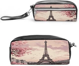 Romantic Paris Tower Pen Case Cosmetic Makeup Bag PU Leather Cosmetic Pencil Bags Small Soft Makeup Pouch with Zipper Waterproof Makeup Brush Holder for Women Men Office