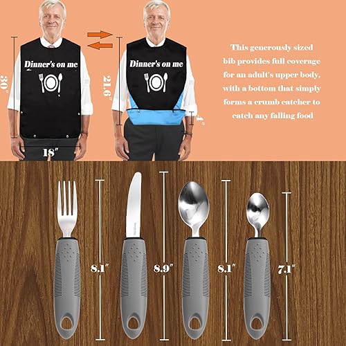 Miniatura 6 de Utensilios adaptativos con babero para adultos, juego de 4 utensilios con peso (2.5 onzas cada uno) para temblores de manos, ancianos, parkinson,