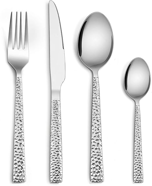 Cutlery Sets 16 Piece, Homikit Stainless Steel Hammered Cutlery Flatware Set, Silver Fork Knife Spoon Tableware Set Service for 4, Healthy & Non-Toxic, Mirror Finished & Dishwasher Safe