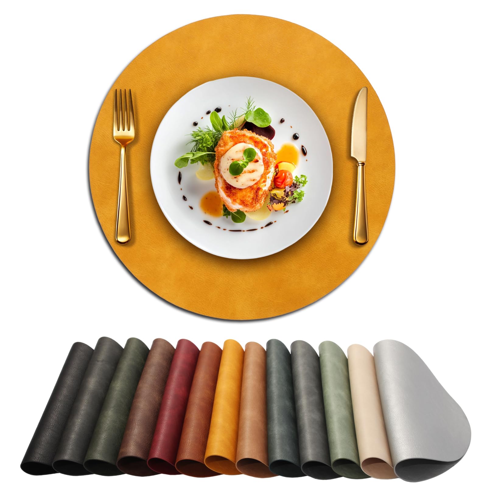 UnivoColors Placemats Round Faux Leather Placemats Set of 6-Waterproof-Wipe Clean-Heat Resistant-Anti Slip Dining Table Place Mats,Suitable for Indoor &amp; Outdoor Use,15".Retro Yellow