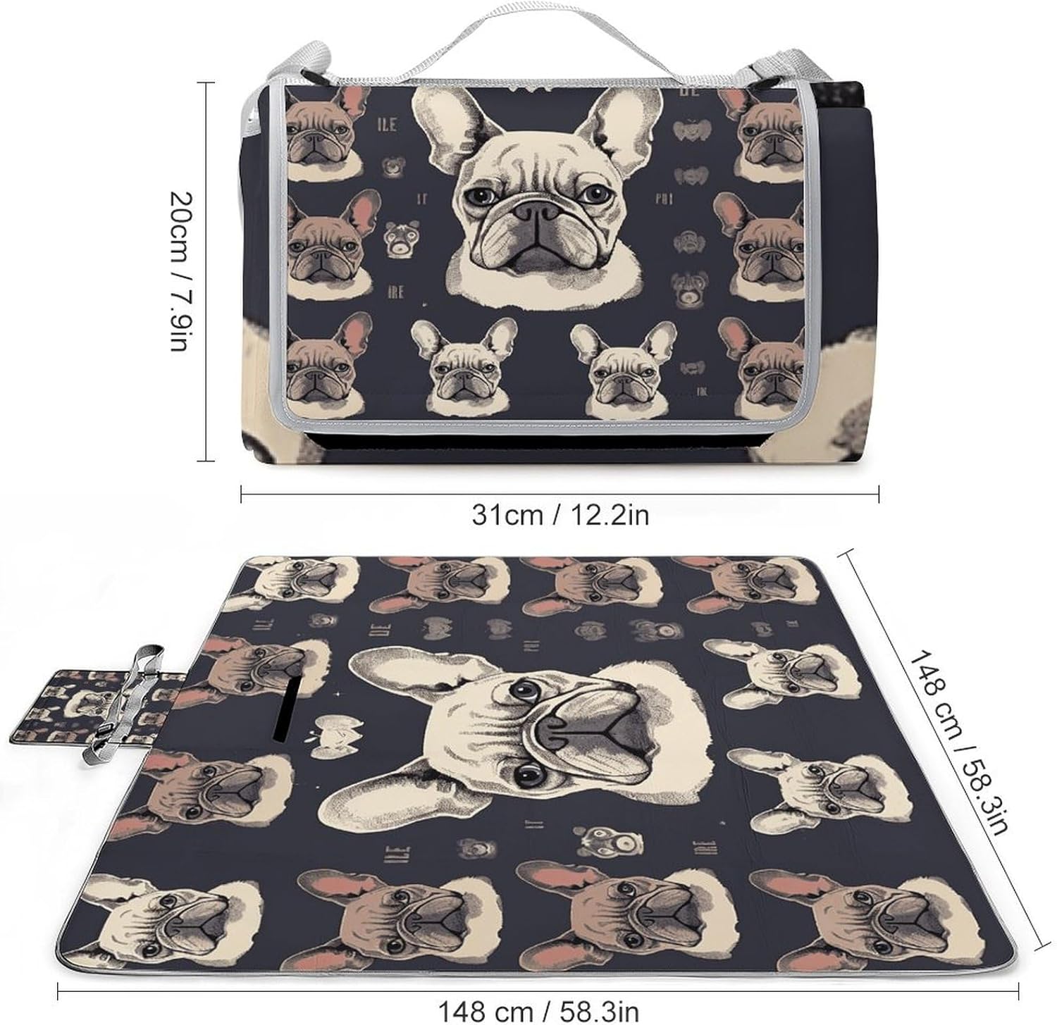 Outdoor Picnic Blanket,I Love French Bulldog Print Picnic Blankets,Large Beach Blanket Sand Free Foldable Portable Camping Blanket
