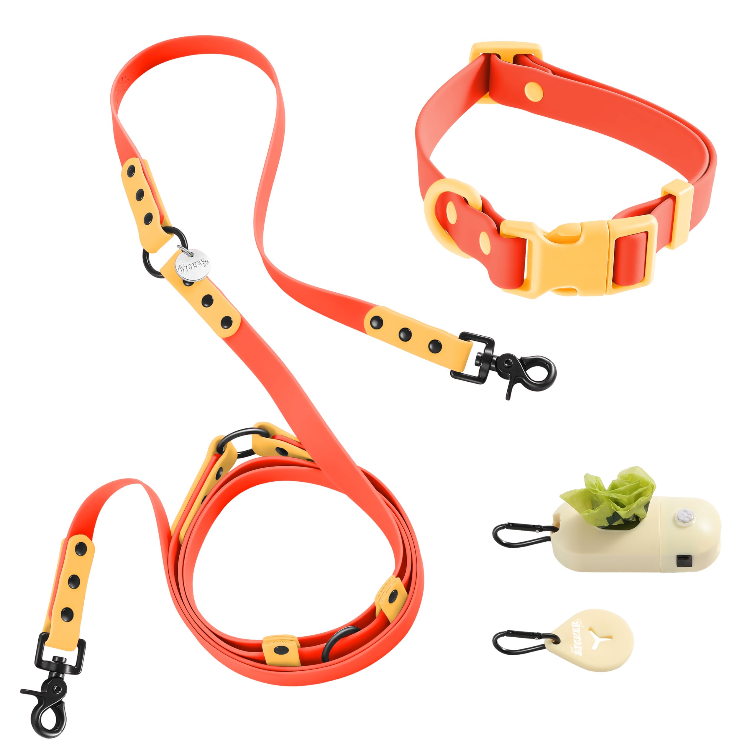Laisse et collier mains libres réglables Luna 6 en 1 avec lampe LED et distributeur de sacs