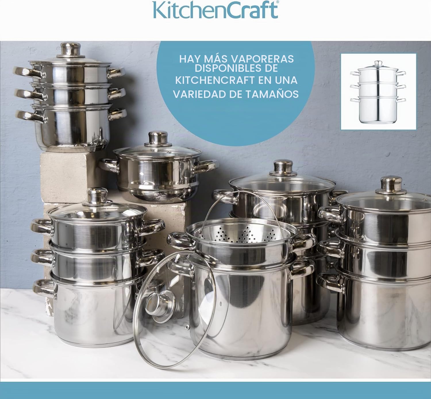 KitchenCraft - Olla Vaporera de Comida de 3 niveles / Cazuela (Stock Pot) en Caja de Regalo, Apta para Inducción, Acero Inoxidable, 22 cm