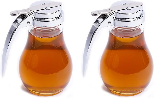 eHomeA2Z Syrup Dispenser Honey Pot Glass Jar Commercial Quality With Cast Zink Top Set Of 2 (2, 14 Oz)