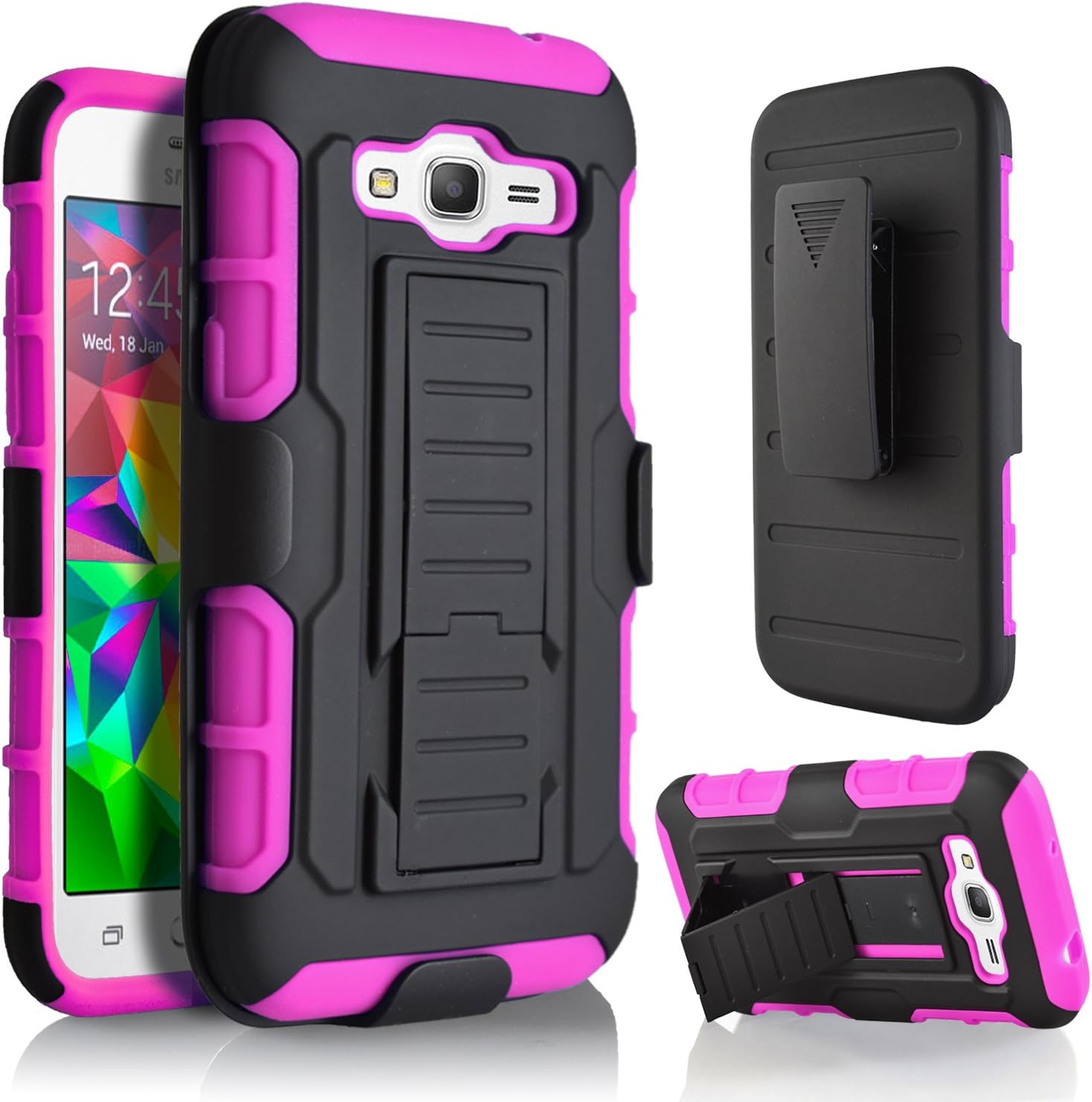 Galaxy Core Prime Case, Starshop(TM) Hybrid Full Protection High Impact Dual Layer Holster Case with Kickstand and Locking Belt Swivel Clip Pink