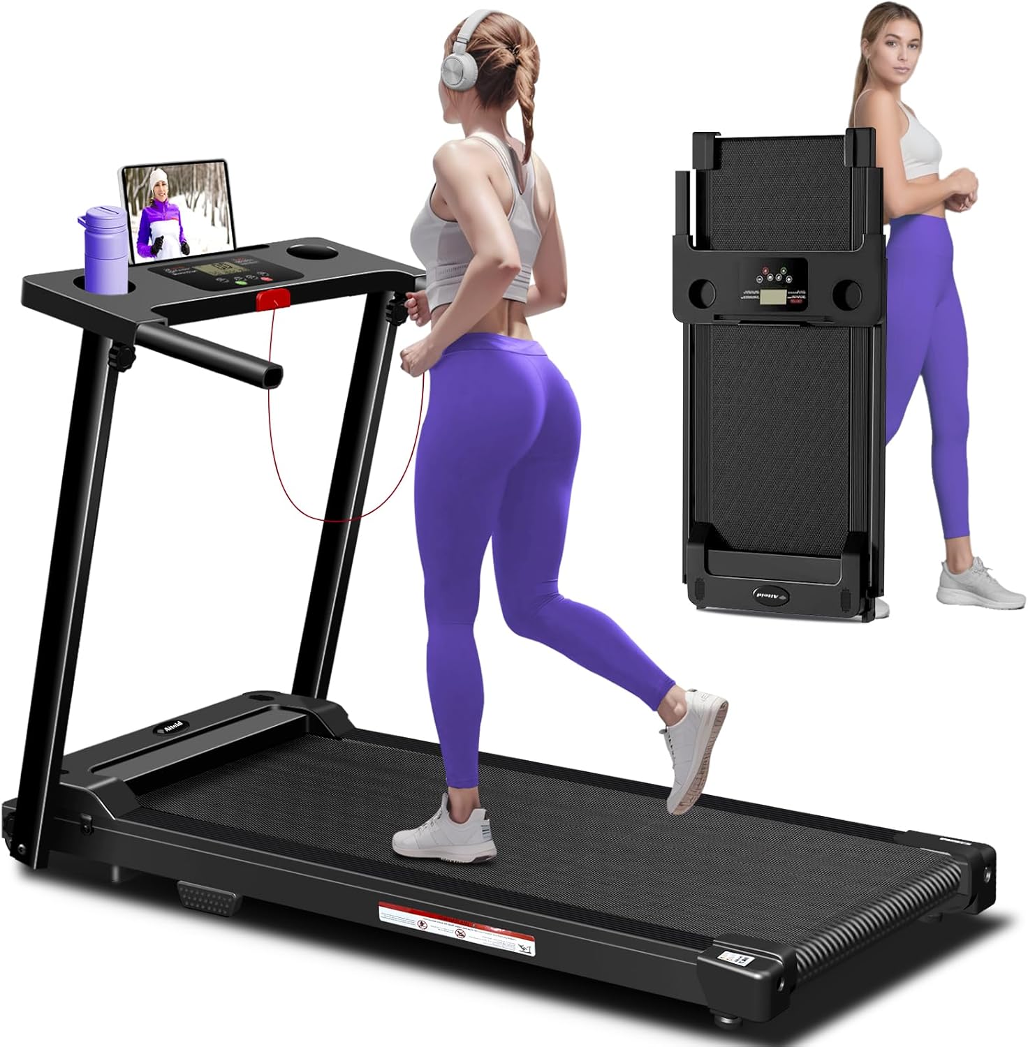 Treadmill with Handles, 2025 Upgraded Small Treadmills Home, Portable Electric Treadmills for Home 300 lbs Capacity,Walking Pad Treadmill,Lightweight Folding Foldable Walking Pad with LED Display Black