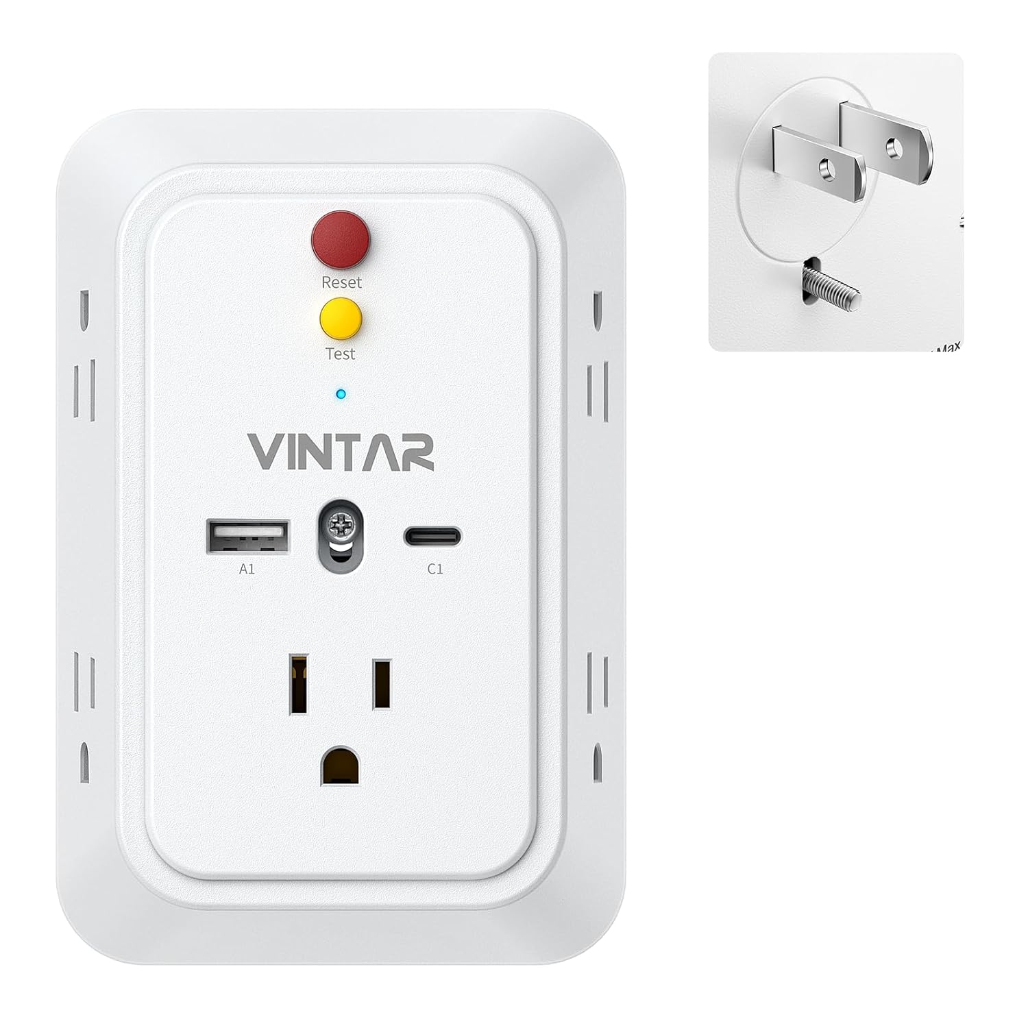 VINTAR 2 Prong to 3 Prong GFCI Outlet Extender, 2 Prong GFCI Outlet Adapter | 5 AC Outlets 2 USB (1 USB C), Leakage Protection, GFCI Power Strip, Polarized Plug, For Non-Grounded Plug Old House & Hotels