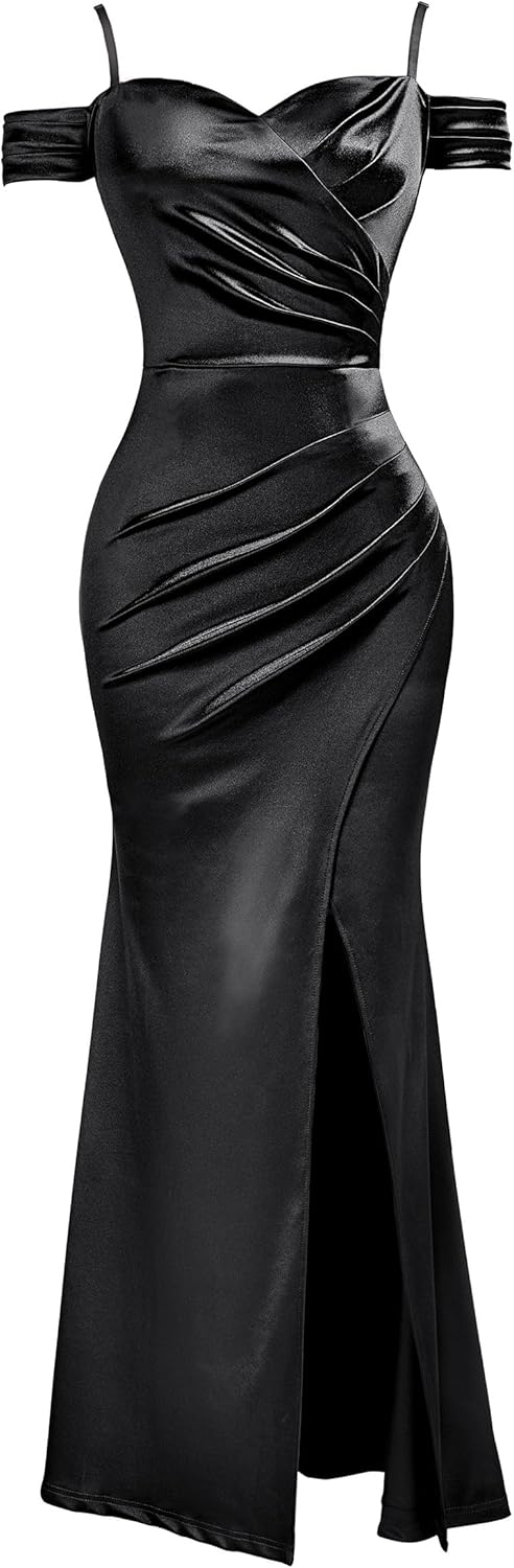 Miusol Women's Sexy Off Shoulder Satin High Split Ruched Style Evening Party Maxi Dress - Image 5