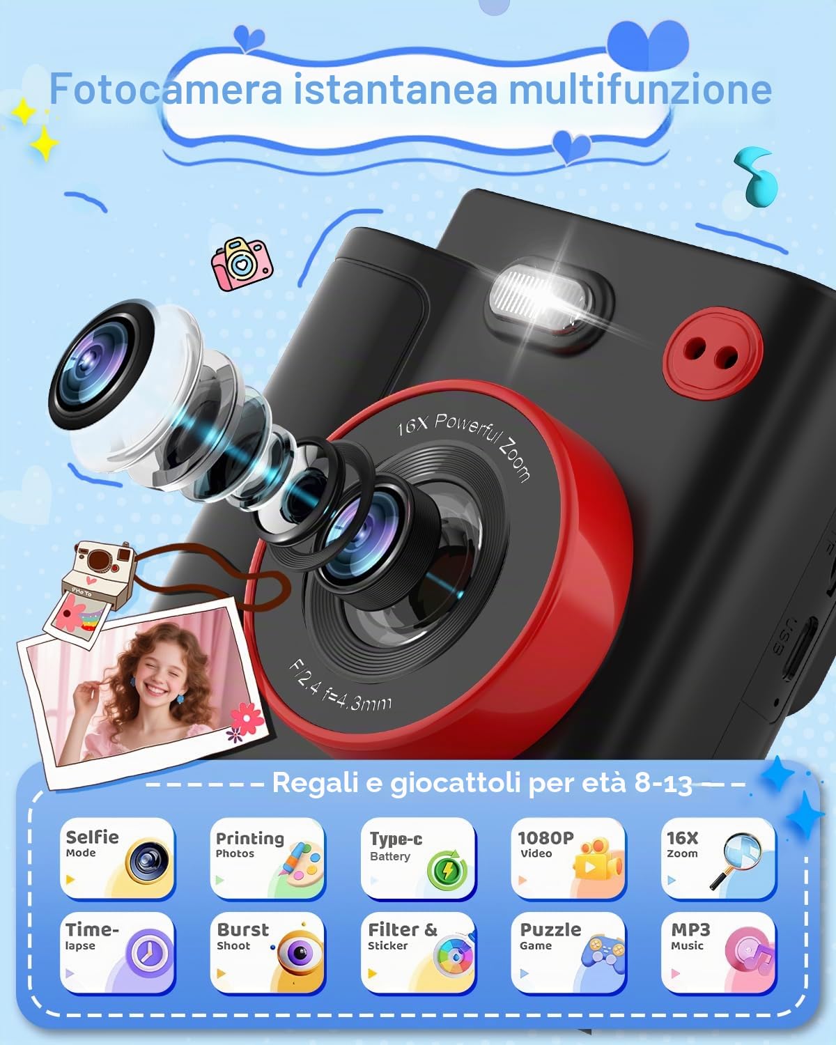 Macchina Fotografica Bambini Istantanea, 1080P HD Fotocamera Istantanea per Bambini con 32GB Scheda & Carta Fotografica, Giocattolo Regalo di Natale Compleanno Bambino e Bambina 3-12 Anni