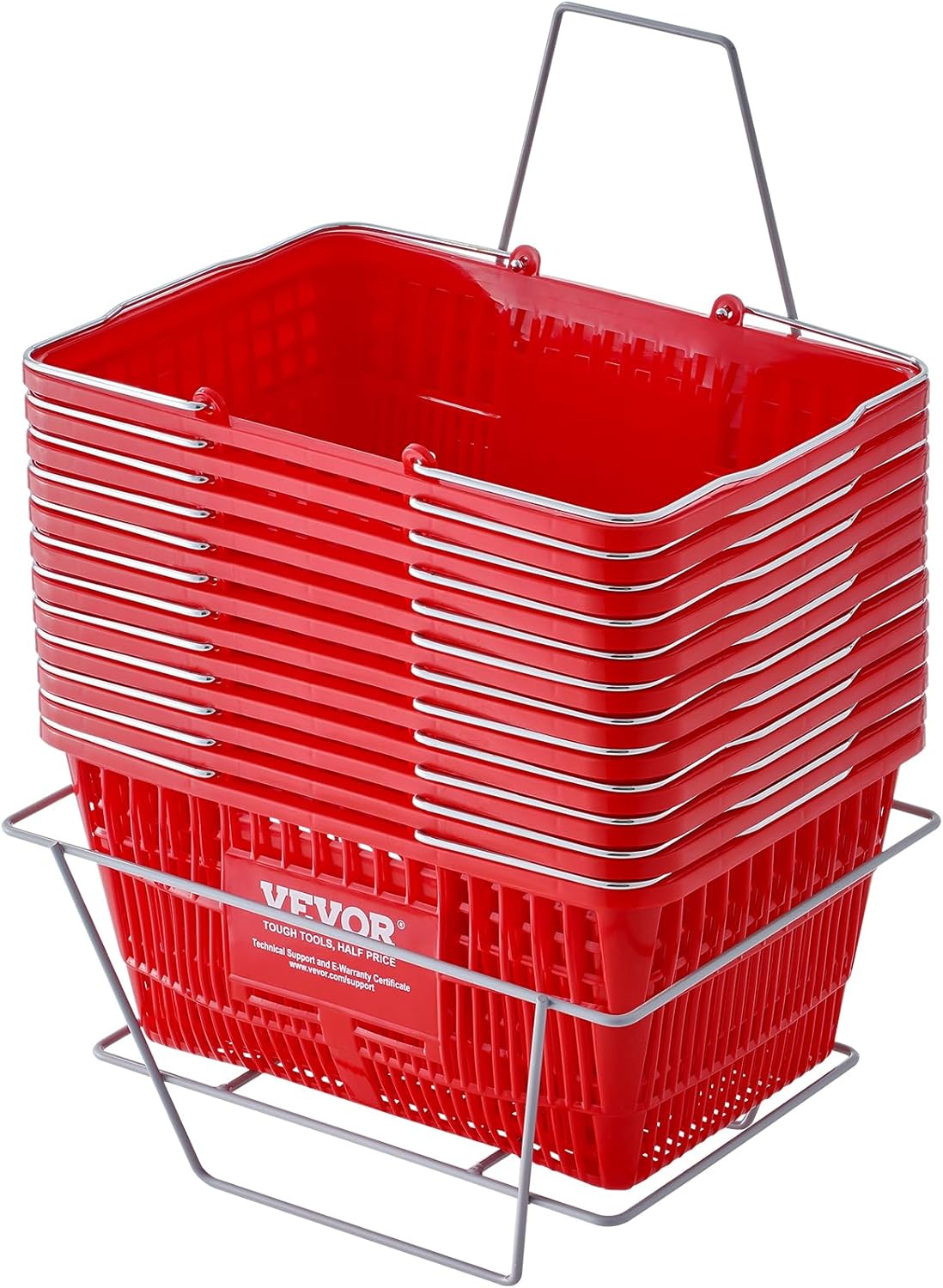 VEVOR Shopping Basket Set, 12 x 21L Durable Plastic Grocery Basket with Metal Handle and Stand, 16.73 x 12.01 x 8.58 inch Portable Shop Basket for Retail Store Supermarket Grocery Shopping, Red