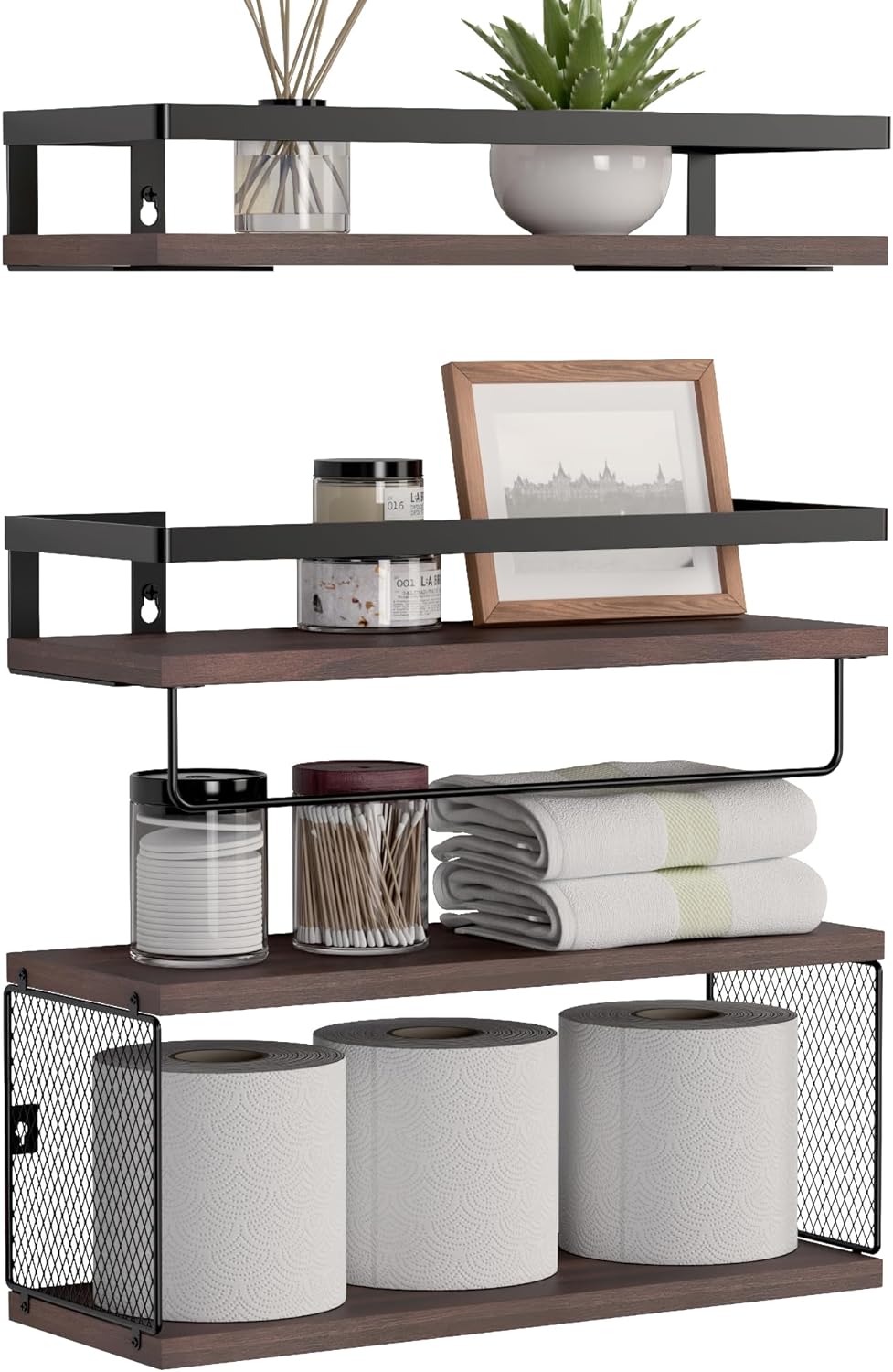 Boswillon Rustic Brown Floating Bathroom Shelf with Towel Bar