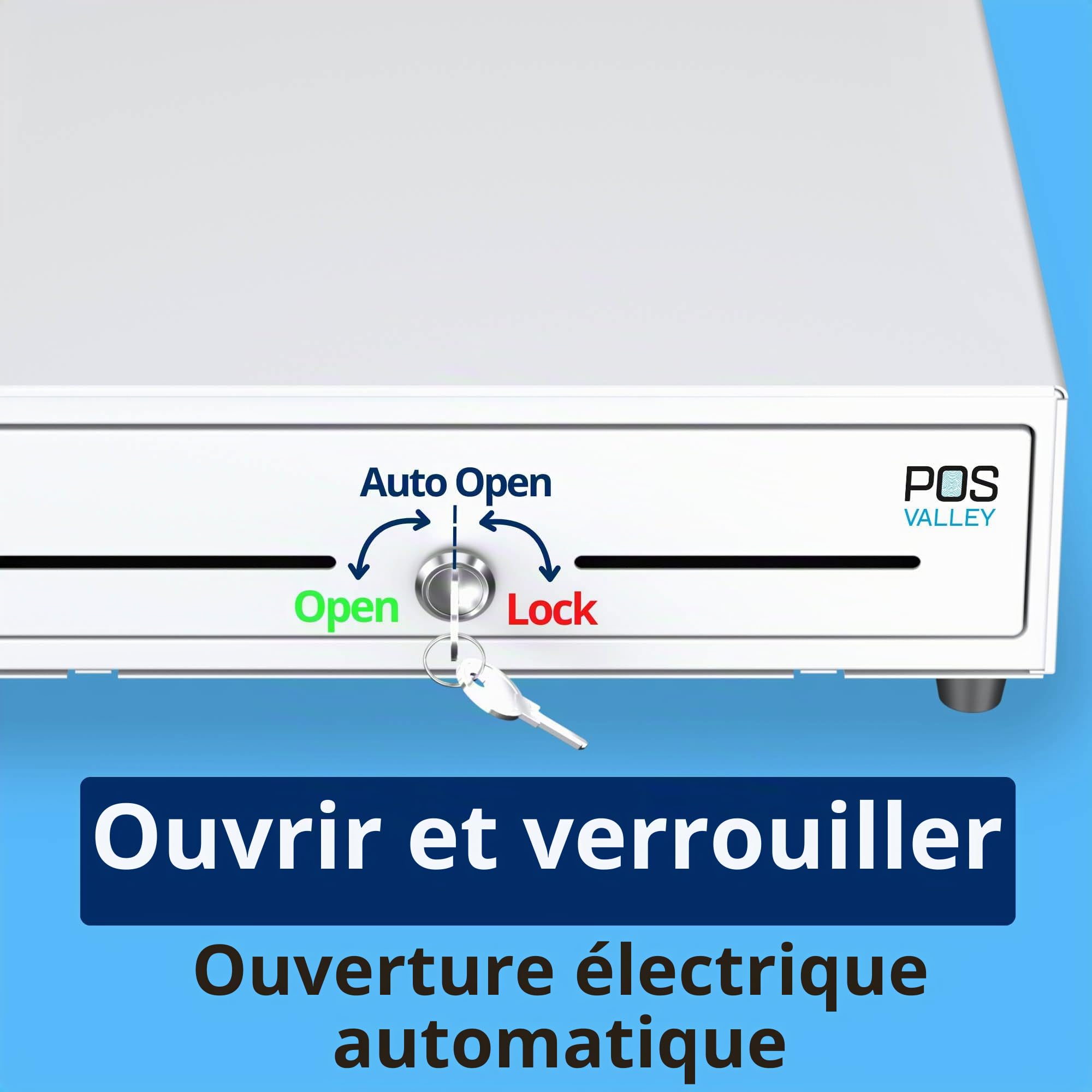 Tiroir pour enregistreur de caisse petit, ouverture automatique RJ11 et clé, insert en espèces 4 billets et 8 pièces (euros), 33 x 33 cm (blanc)