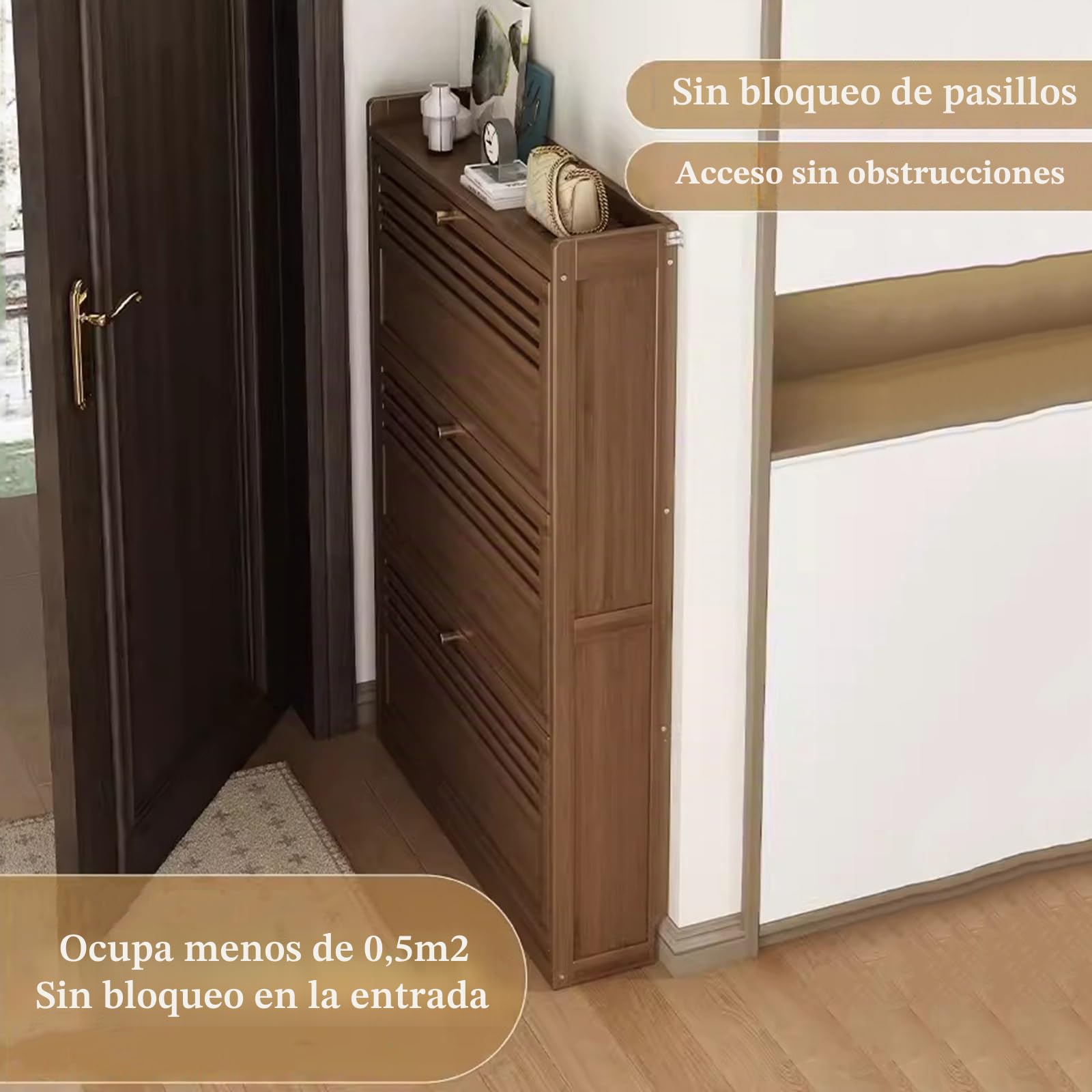 Armario Zapatero Estrecho De Bambú, Mueble Zapatero con 2/3 Puertas Abatibles, Zapateros Estrechos Y Altos para Pasillo De Casa, Dormitorio Y Recibidor, Ancho 17cm
