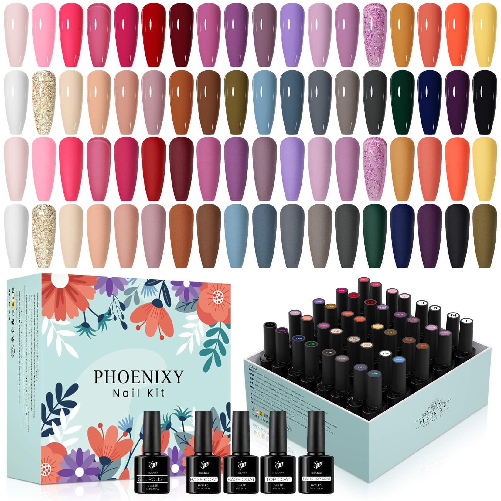 Phoenixy 40Pcs Pintauñas Semipermanentes, 36 Colores Esmaltes Semipermanentes para Uñas con Base, Top Coat Brillante y Mate, Esmalte Semipermanente con Desnudo Rosa Blanco Negro