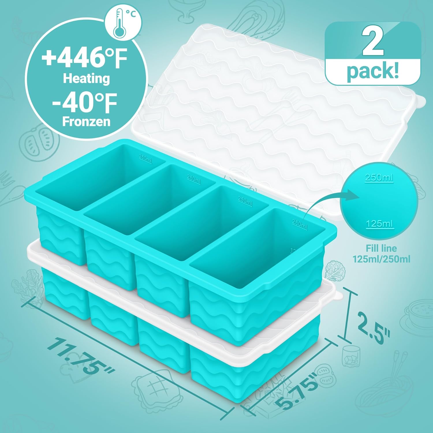Silicone Freezer Molds for Soup with Lid – 1-Cup Soup Container Style Ice Cube Trays for Freezer, Meal Prep & Food Storage, Freeze 250mL/125mL Portions – 2 Pack - Image 2
