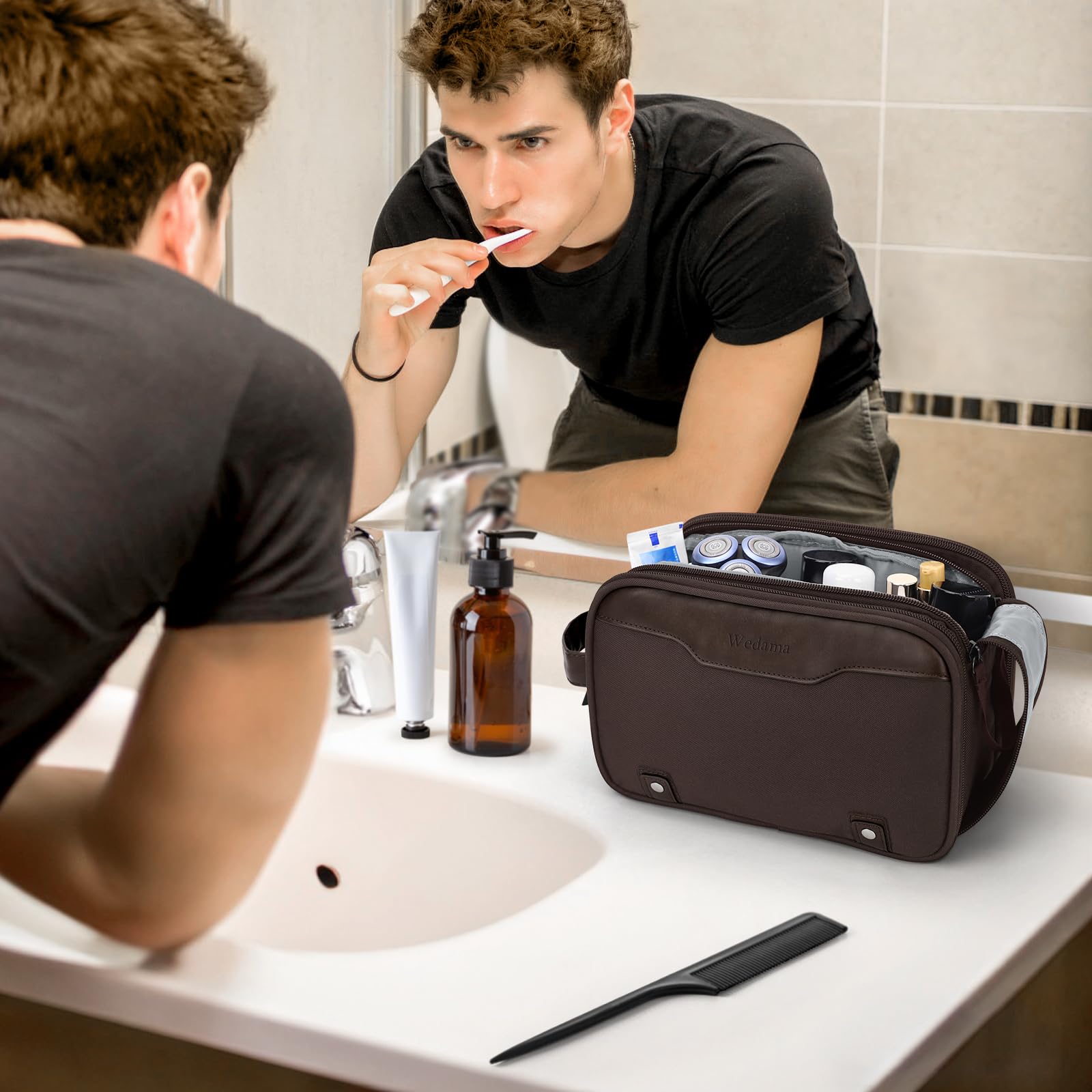 Wedama Neceser para hombre, bolsa de aseo mediana para colgar, bolsa organizadora electrónica extra, bolsa de viaje impermeable para artículos de tocador, bolsa de viaje con asa de poliuretano para