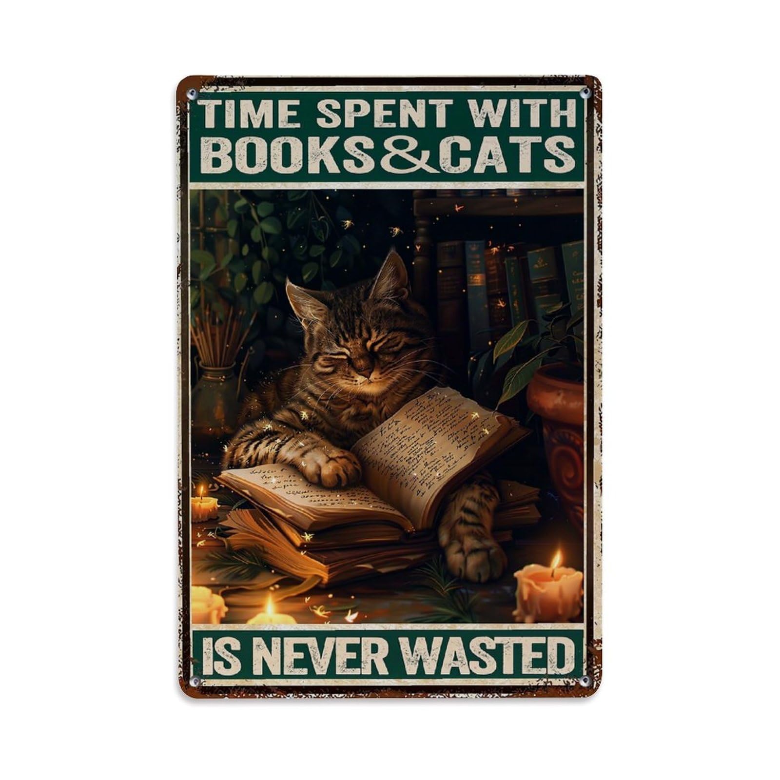 Cat Reading Book Candle Light Retro Metal Tin Sign, Vintage Decor Art Poster for Bar, Home, Man Cave, Kitchen, Laundry Room Gift 8x12Inch