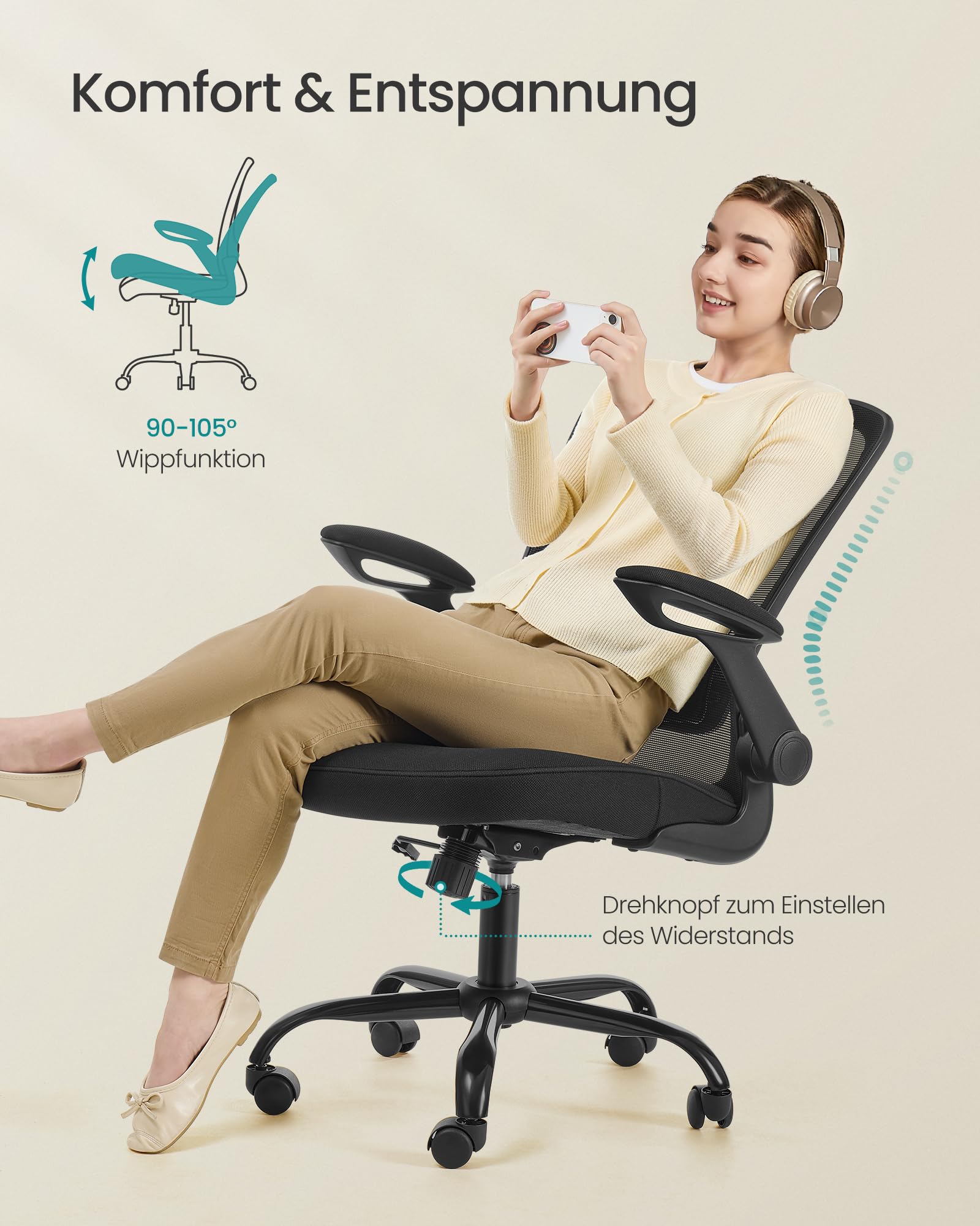 SONGMICS Bürostuhl ergonomisch Drehstuhl Mesh Lendenstütze Kopfstütze Wippfunktion 53 cm Sitzfläche klappbare Armlehnen schwarz OBN37BK