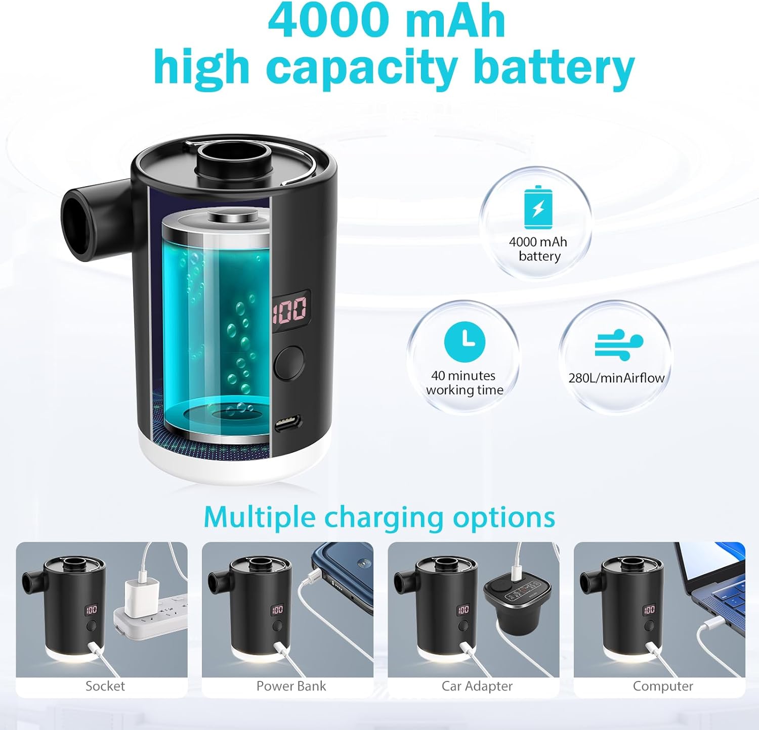 Portable Air Pump for Inflatables, Mini Air Mattress Pump for Inflatables, USB Rechargeable Air Pump for Pool Floats,Camping,Sleeping Pads, Swimming Rings, Vacuum Storage Bags